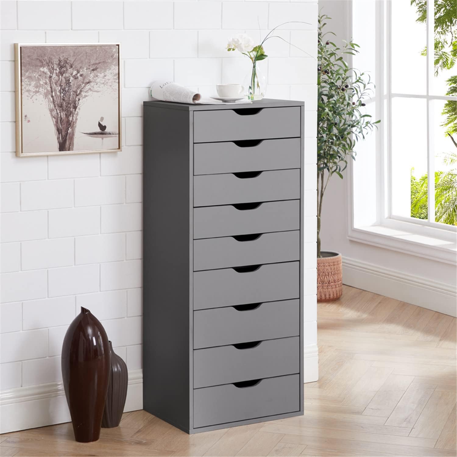 Naomi Home Bianca 9-Drawer Wooden Dresser - Large Storage Cabinet for Bedroom & Closet, Makeup Organizer with 200 lbs Capacity, Gray - Perfect for Home Organization & Bedroom Decor