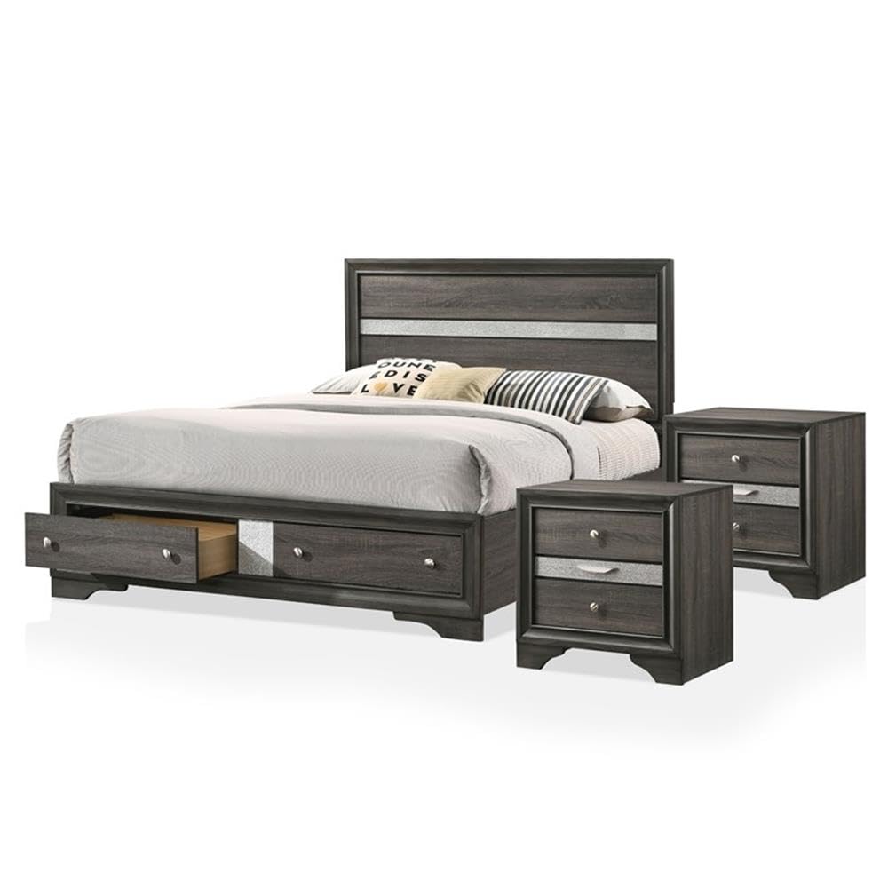 Furniture of America FOA Laren Contemporary 3-Piece Gray Wood Bedroom Set - King Size Bed with 2 Nightstands for Modern Home Decor | Perfect for Master Bedroom, Guest Room & Apartment Living