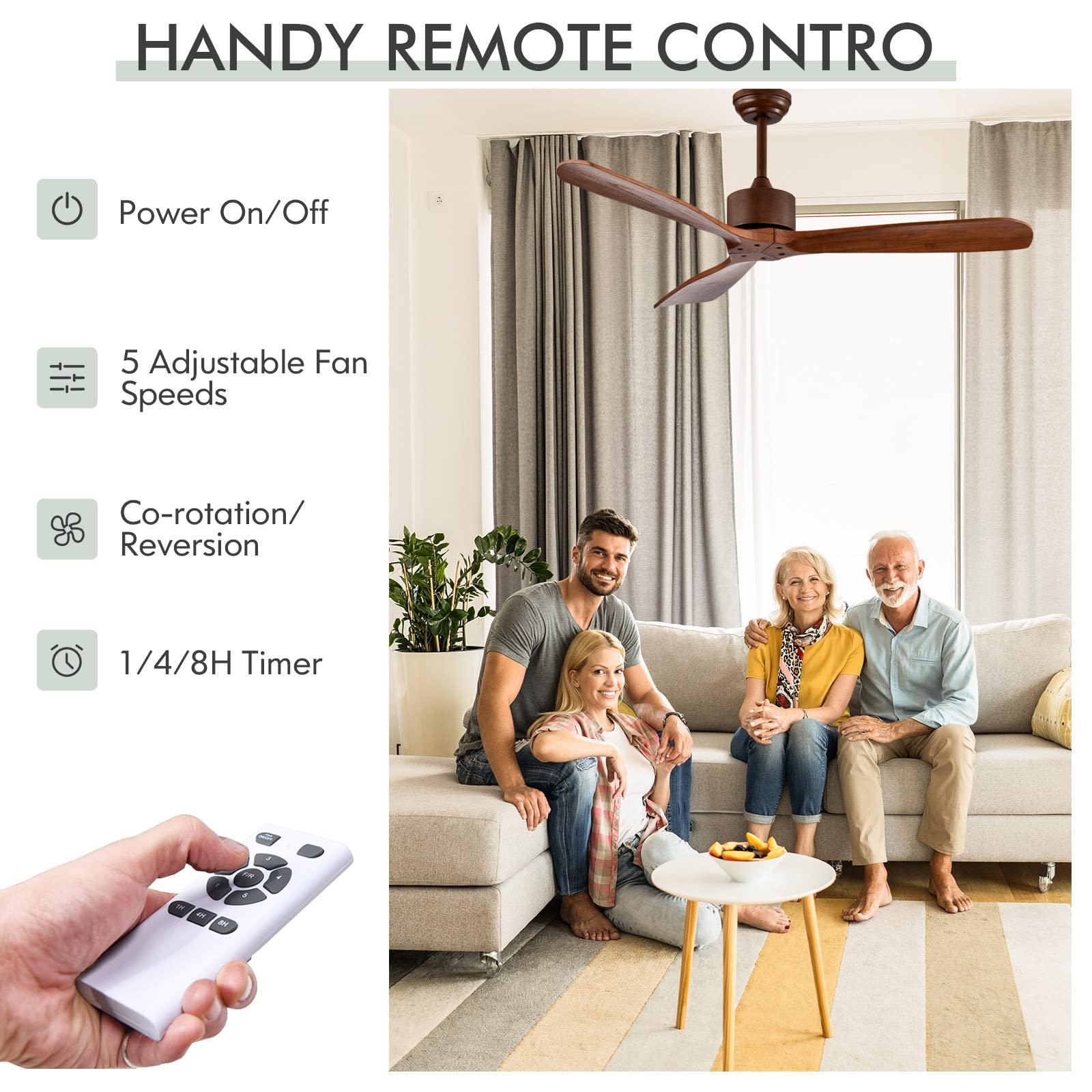 COSTWAY 52 Inch Modern Farmhouse Ceiling Fan with Remote Control - Reversible DC Motor, 8-Hour Timer & 5 Speed Settings - Ultra Quiet Low Profile Wood Blades for Indoor/Outdoor Use - Perfect for Living Room, Bedroom, Patio or Covered Porch (Brown, No Light)