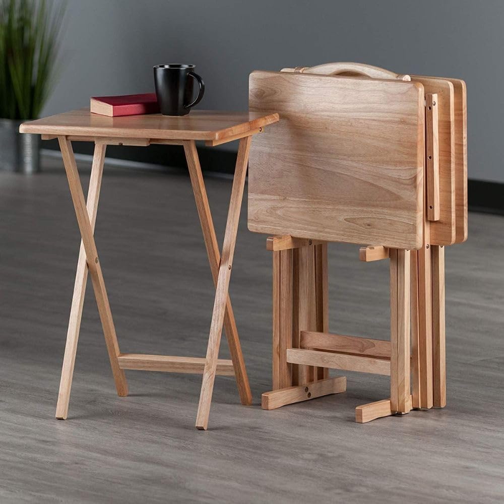 5-Piece Wooden Alex Snack Table Set - Folding TV Tray, Portable Laptop Stand, Compact Gaming Desk - Space Saving, Sturdy & Lightweight for Living Room, Bedroom, Office - Natural Finish - Perfect for Snacking, Working, Studying & Gaming