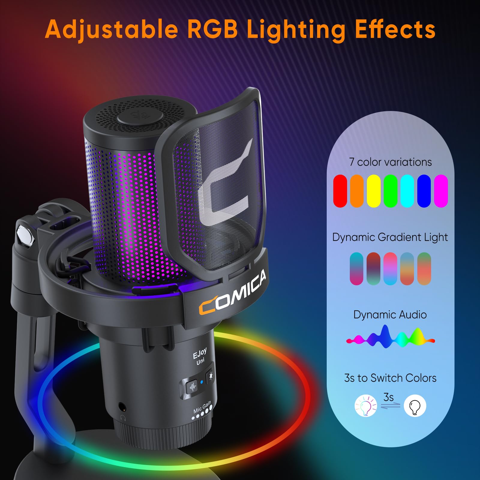 COMICA EJoy Uni USB Gaming Microphone for PC, PS4, PS5 & Mac - RGB Streaming Mic with Noise Cancellation for Twitch, YouTube, Podcast & Recording - Adjustable Gain, Mute & Monitoring - Perfect for Gaming, Live Streaming & Home Studio Setup