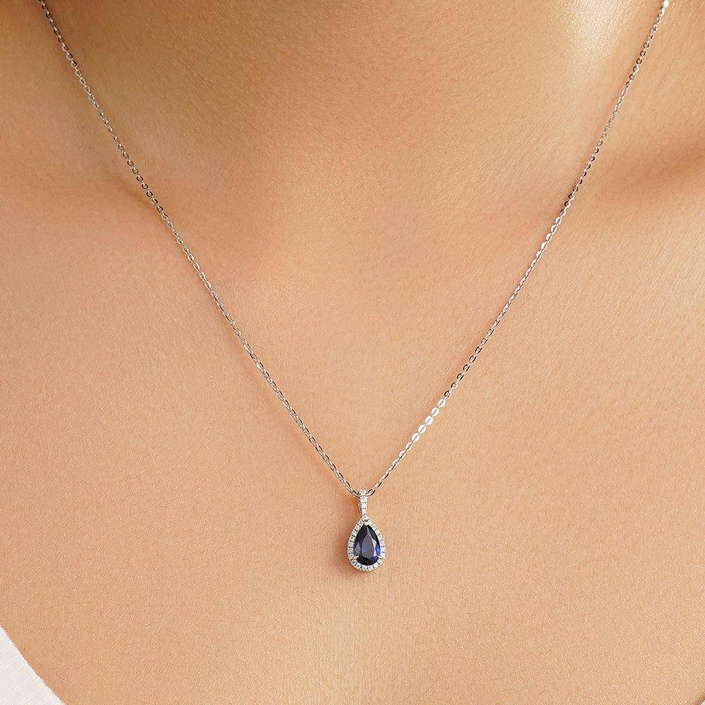 1 Carat Pear Shaped Blue Sapphire Pendant Necklace with Pavé Diamond Halo - Elegant Jewelry Gift for Women, Perfect for Weddings, Anniversaries & Special Occasions