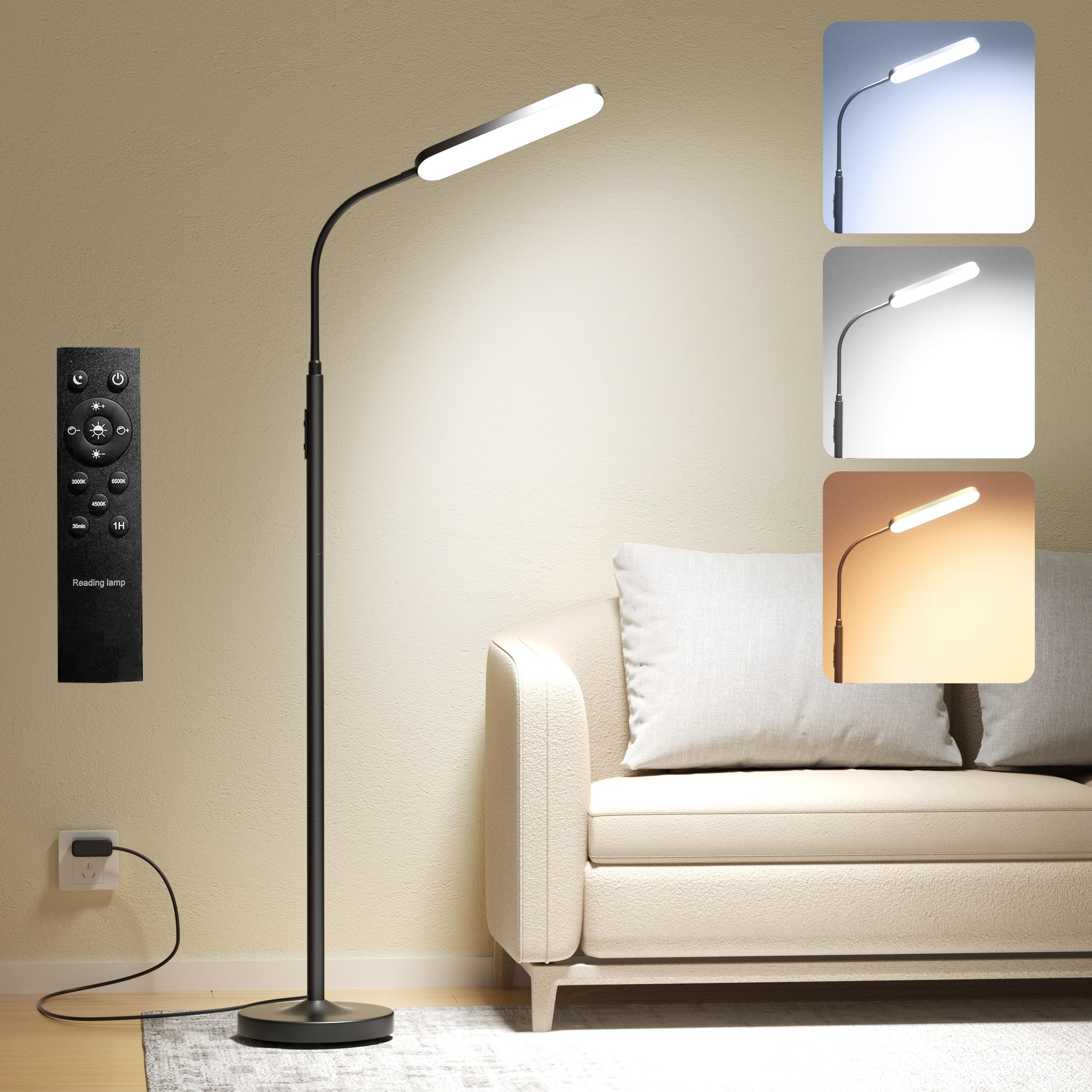 Luckystyle LED Floor Lamp - Super Bright Dimmable Standing Light with Remote Control, Adjustable Gooseneck & Custom Color Temperature (2700K-6500K) for Living Room, Bedroom, Office - Perfect for Reading, Working & Home Decor (Black)