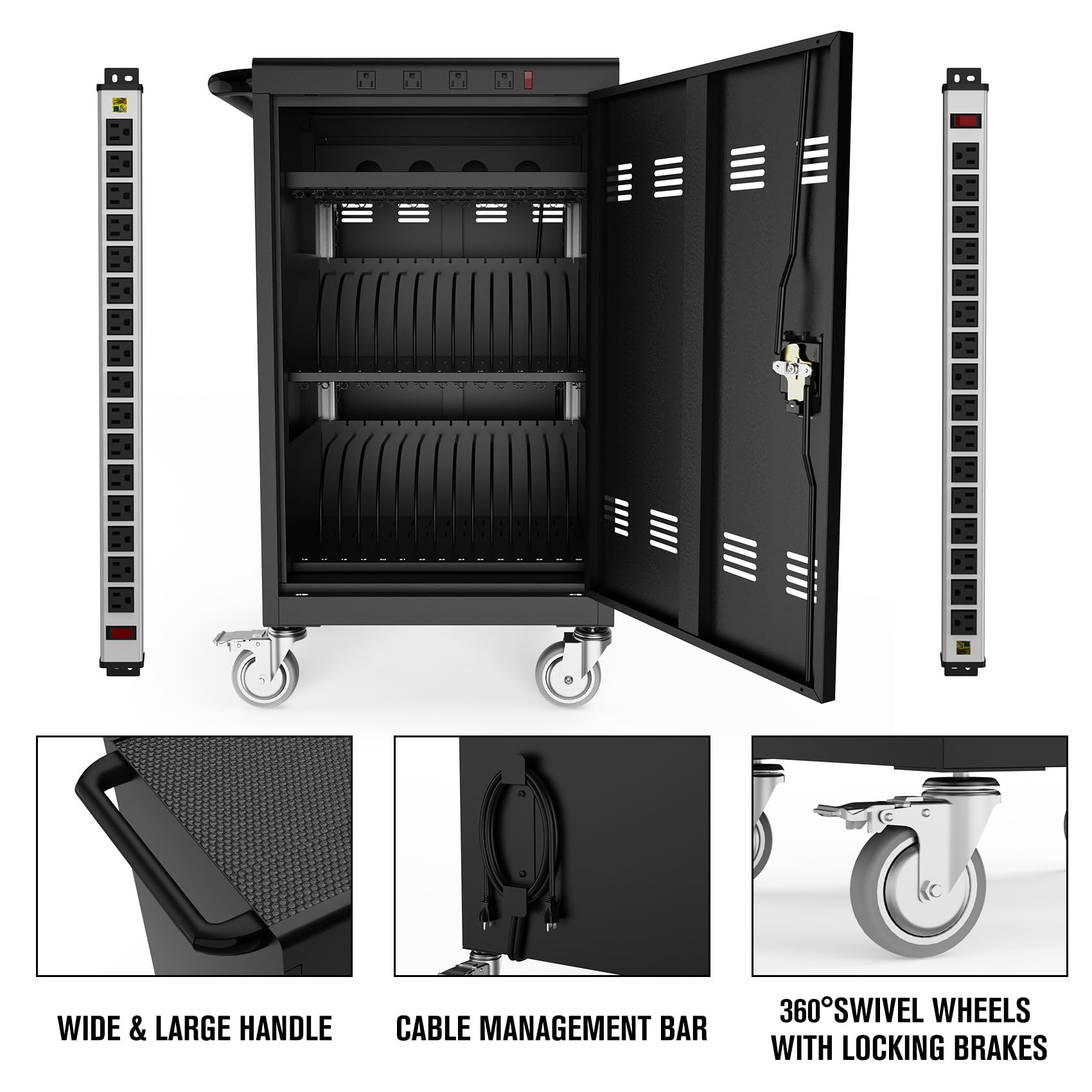 30 Device Mobile Charging Cart for iPad, Laptop & Chromebook | Fast Charging & Secure Storage | 16.3in Screen Size | 4 Charging Ports | Black | Ideal for School, Library, Hospital & Office Use