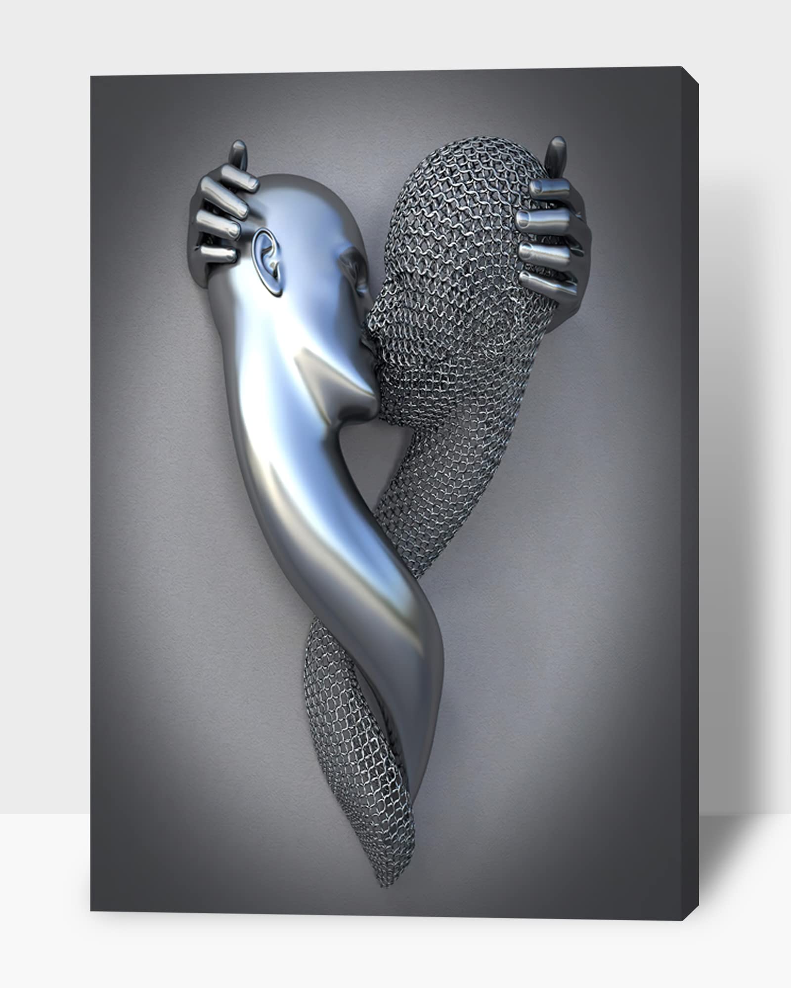 3D Metal Effect Love Heart Gray Wall Art - Romantic Kissing Couple Canvas for Bedroom & Living Room Decor - Valentine's Day Gift for Couples (28x40 Inches) - Perfect for Anniversary, Wedding & Home Interior Design