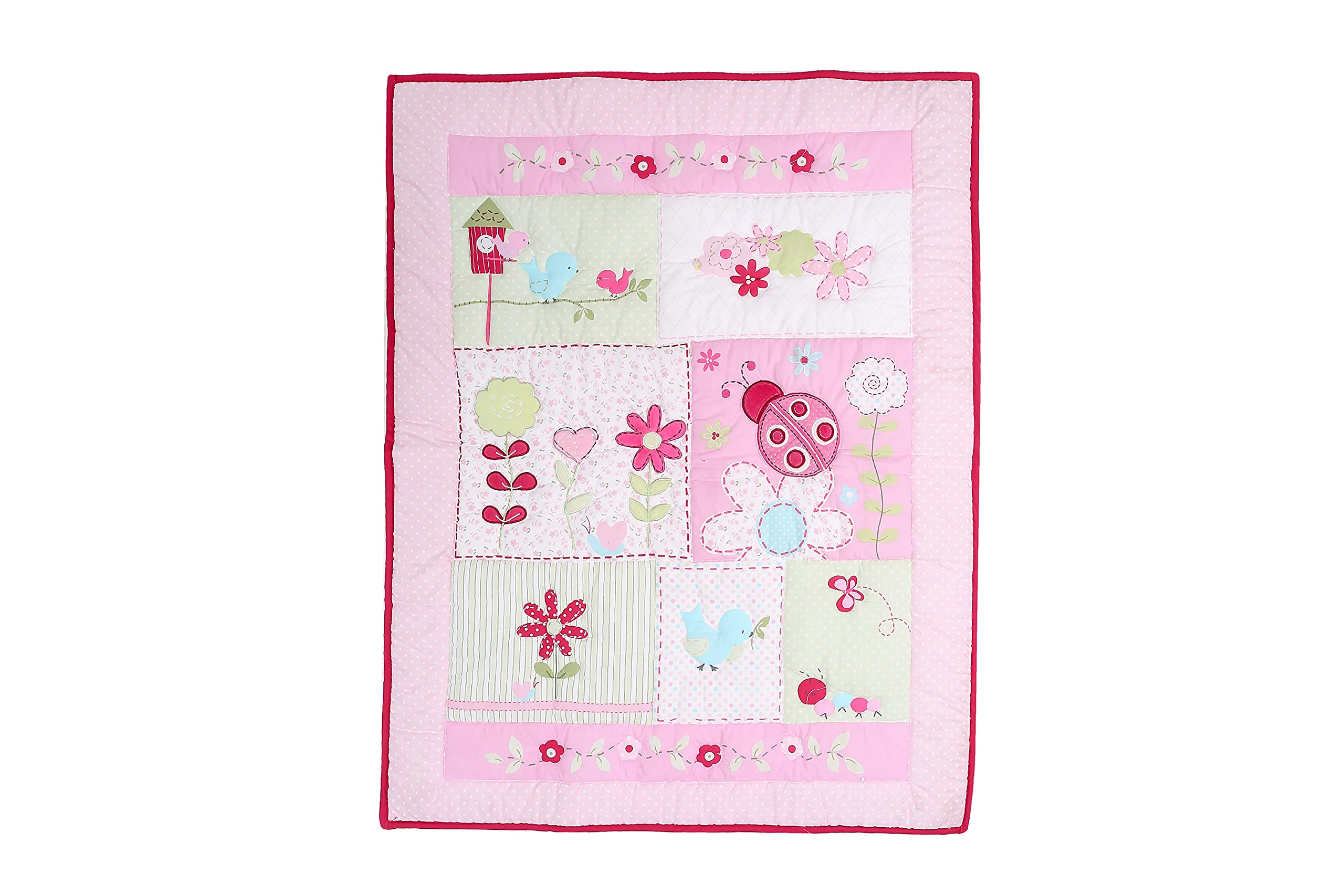 4-Piece Pink Ladybug Nursery Bedding Set - Embroidery Crib Set with Quilt, Skirt & 2 Fitted Sheets - Garden Butterfly Theme Baby Girl Bedding for Crib & Cot - Perfect for Nursery Decor, Baby Shower Gifts & Newborn Essentials