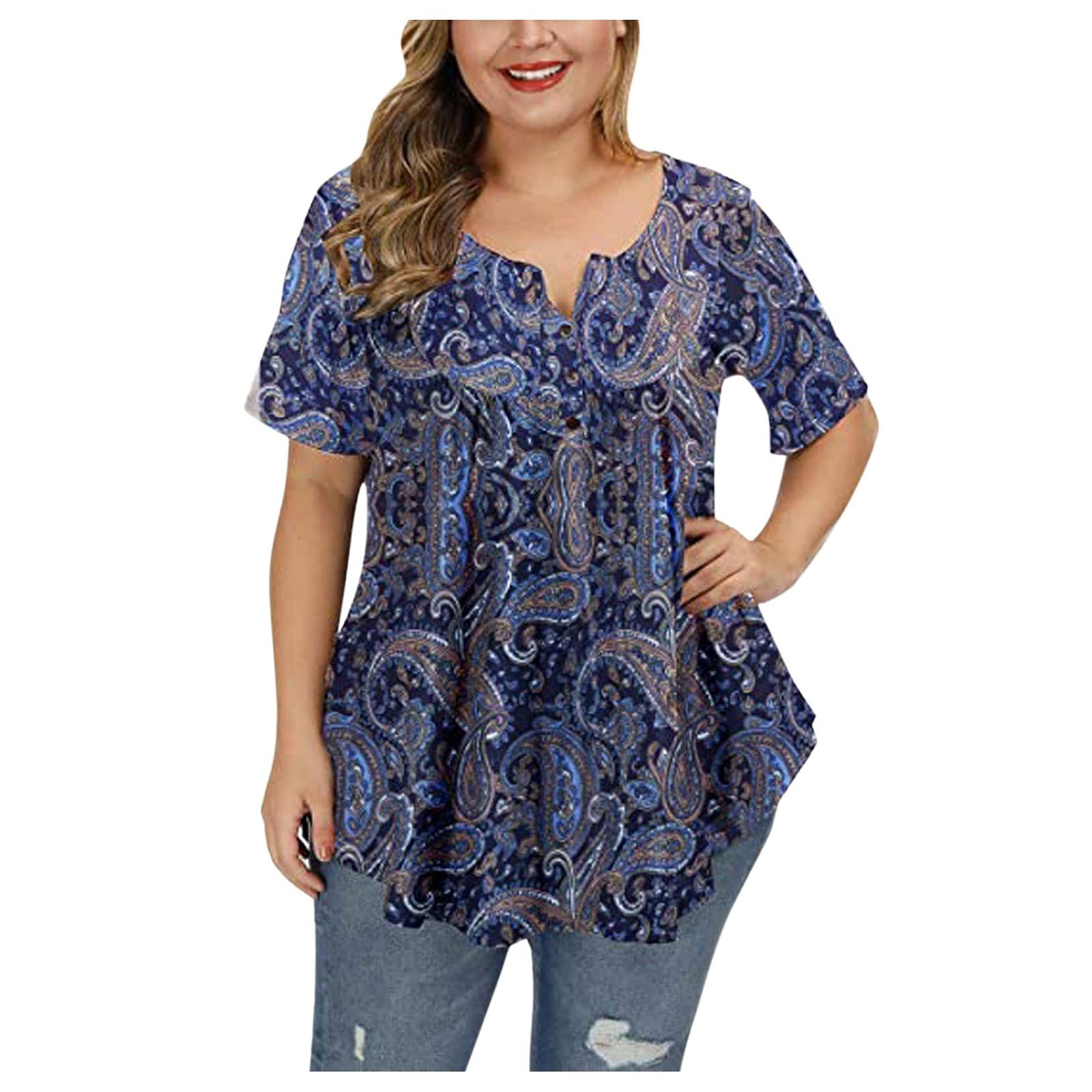 Plus Size Women's Floral Henley V-Neck Button-Up Blouse - Plaid Print Tunic Top with Ruffles & Flowy Short Sleeves | Casual Wear, Office Outfits & Spring Summer Fashion