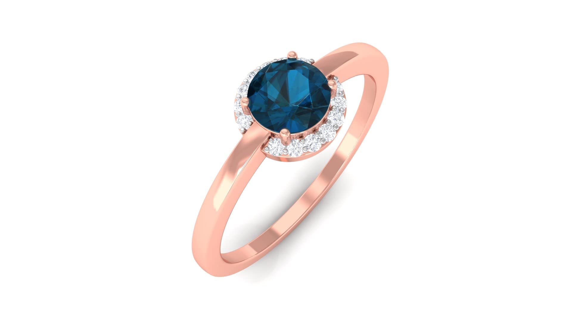 London Blue Topaz Engagement Ring – 5MM Round Cut with Diamond Halo in 14K Solid Gold | Minimalist Wedding Ring for Her, Anniversary Gift & Proposal Jewelry