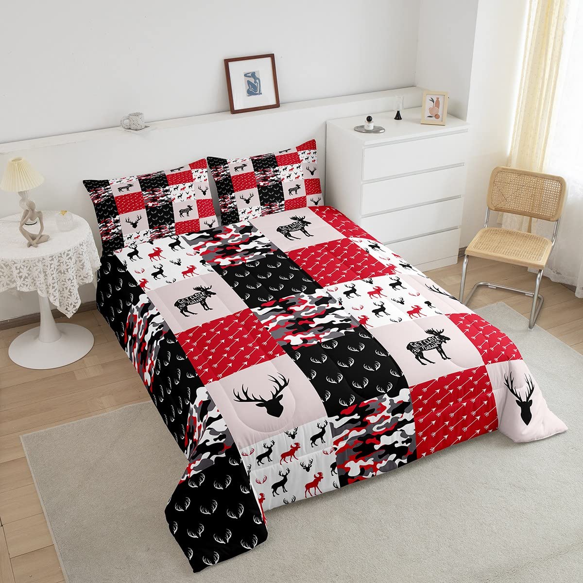 **Erosebridal Boys Camo Comforter Set - Deer Silhouette Bedding for Kids, Teens & Adults | Black White Red Camouflage Quilted Comforter with Antlers Grid Checkered Design & 2 Pillowcases | Cozy Bedroom Decor for Boys, Hunting & Outdoor Theme Rooms**