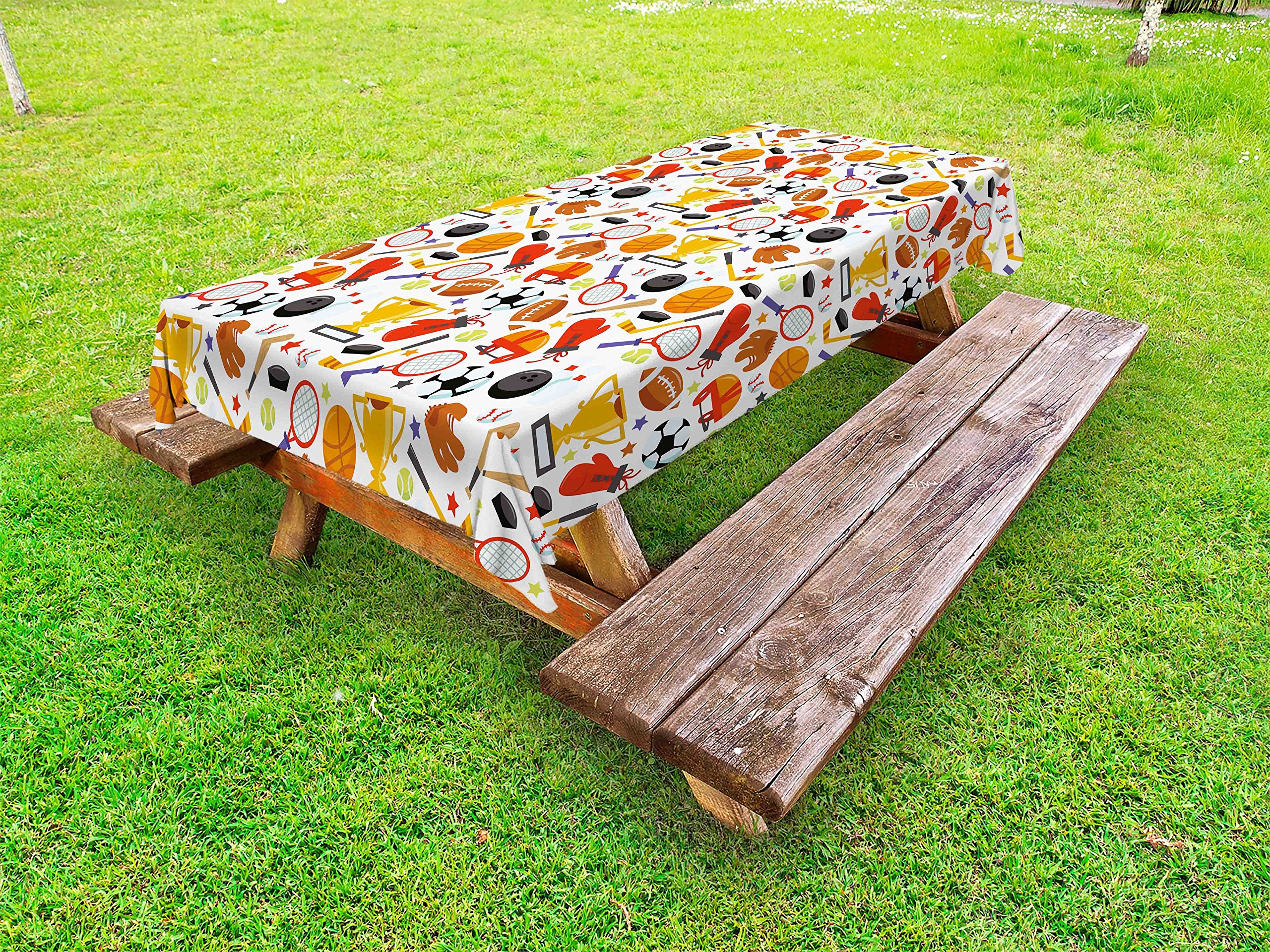 Ambesonne Waterproof Outdoor Tablecloth - Abstract Cartoon Sports Design with Tennis, Bowling & Stars - 58