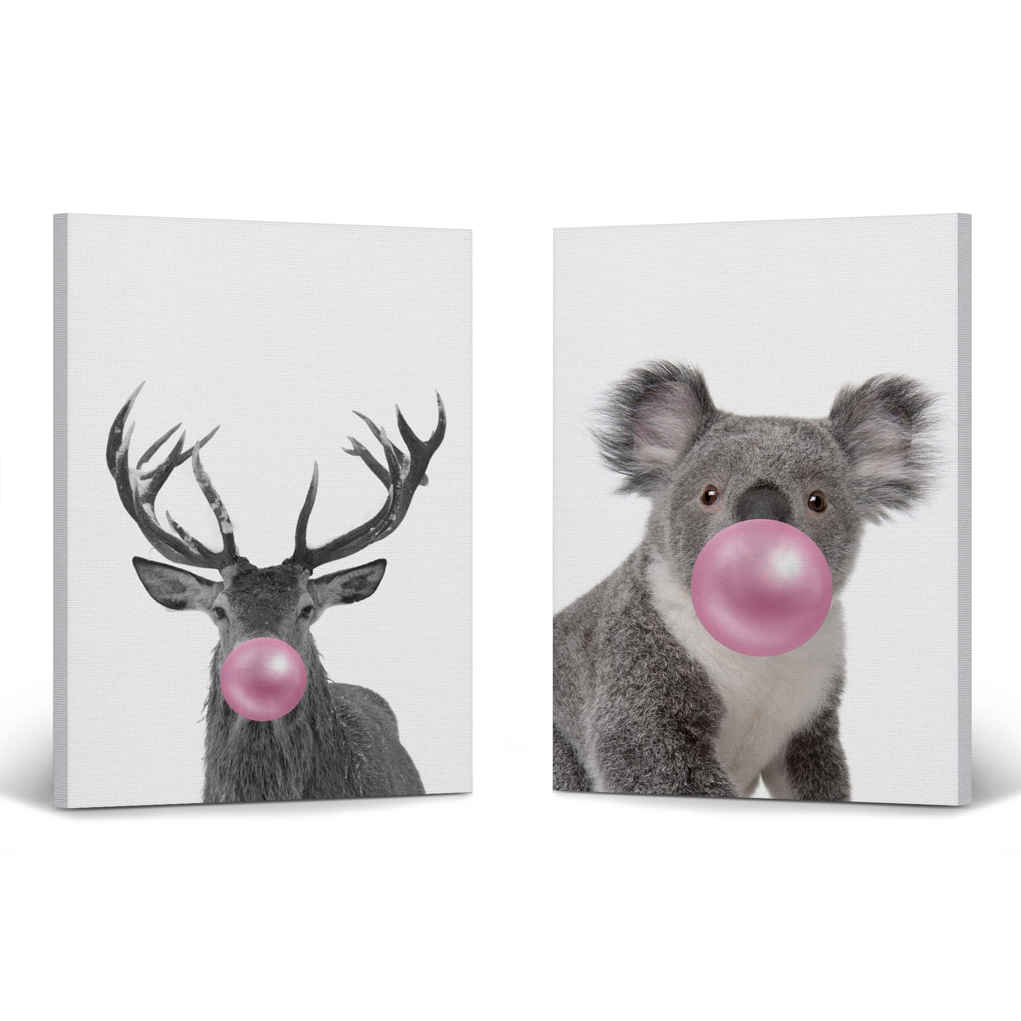 Smile Art Design Reindeer and Koala Animal Bubble Gum Canvas Print Set - Pink Gum Black & White Wall Art for Baby Nursery, Kids Room Decor (22x15 Inches, 2-Panel, Ready to Hang, Made in USA) - Perfect for Children's Bedrooms, Playrooms, and Gender-Neutral Nursery Themes