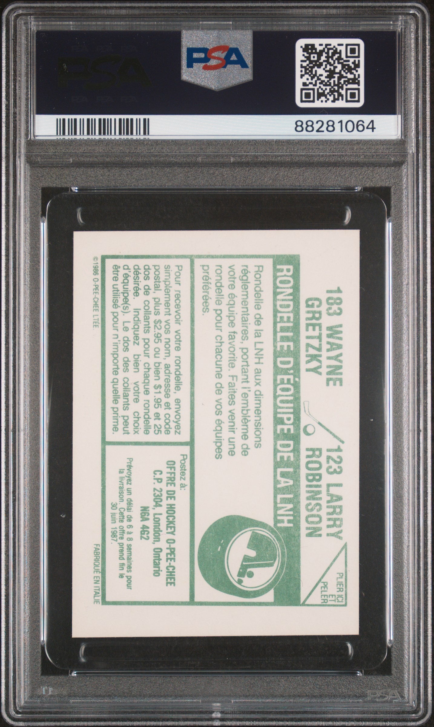 1986 O-Pee-Chee Hockey Sticker #123 Larry Robinson & #183 Wayne Gretzky Foil PSA 6 Graded - Vintage NHL Collectible for Fans & Card Investors | Perfect for Display, Trading, and Memorabilia Collections