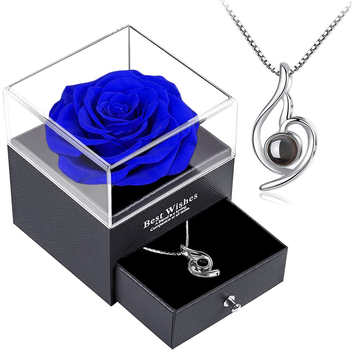 SWEETIME Blue Rose Gift Box with 925 Sterling Silver Women's Necklace - Real Preserved Rose Jewelry Box with 'I Love You' Necklace in 100 Languages - Romantic Birthday, Anniversary & Valentine's Day Gift for Her