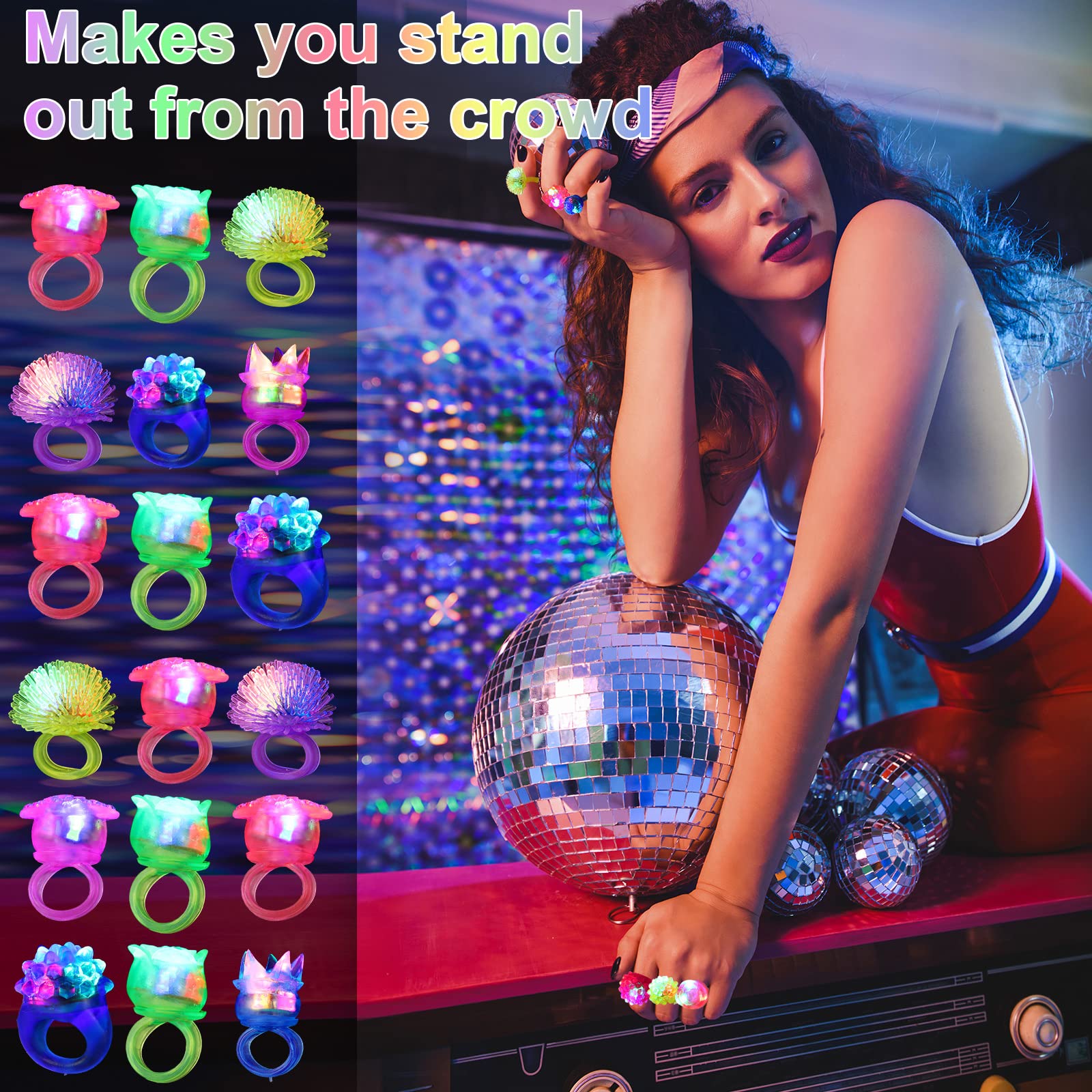 216-Piece LED Light Up Rings - 6 Styles Flashing Glow in Dark Party Rings, Bumpy Rubber Blinking Rings for Raves, Concerts, Halloween & Birthday Parties - Perfect Party Favors, Dance Accessories & Gift Ideas