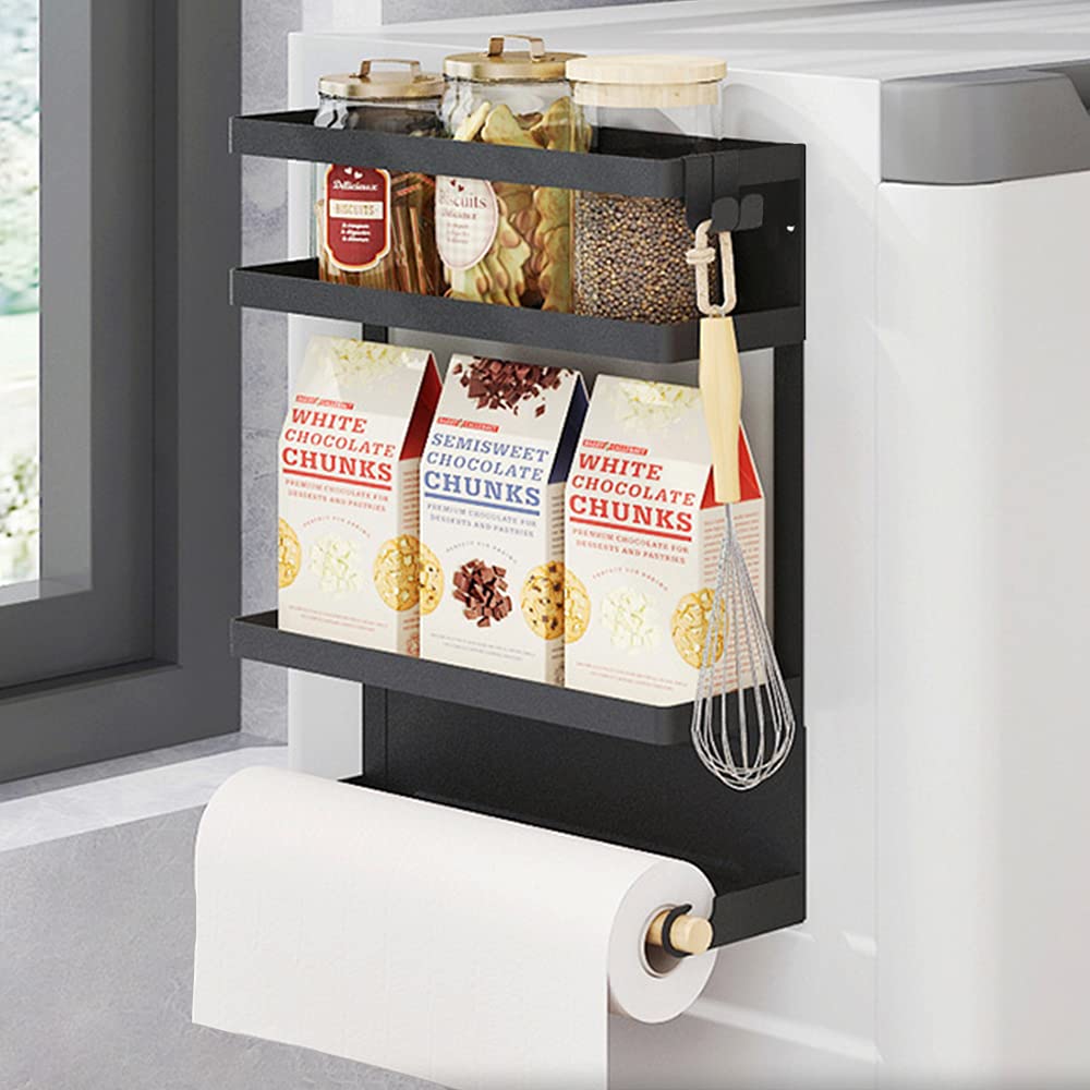 Magnetic Spice Rack for Refrigerator - Strong Magnetic Paper Towel Holder & Fridge Organizer - Kitchen Storage Shelf for Spices, Condiments & Utensils - Space Saving Black Organizer (Perfect for Small Kitchens, Dorms & RVs)