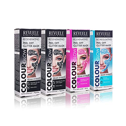Revuele Glitter Color Glow Party Peel Off Mask Set - 2 Charcoal Black Masks + 1 Hyaluronic Acid Blue Mask + 1 Q10 AHA Antioxidant Pink Mask - Deep Nourishing & Moisturizing Face Masks for Spa Night, Girls Night Out, or Self-Care Routine