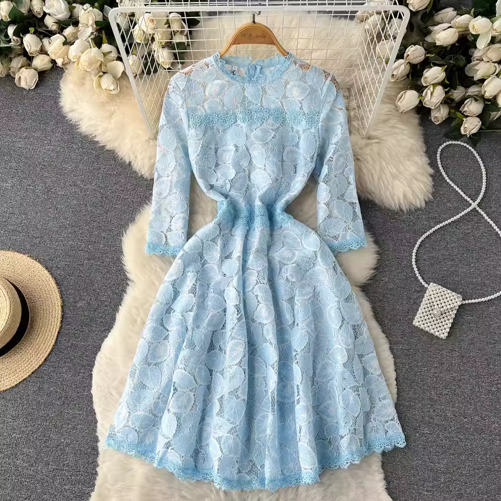 Elegant Hollow Autumn Dress for Women - A-Line Long Sleeve Flowy Skirt 1193 | Perfect for Fall Weddings, Office Wear & Seasonal Photoshoots