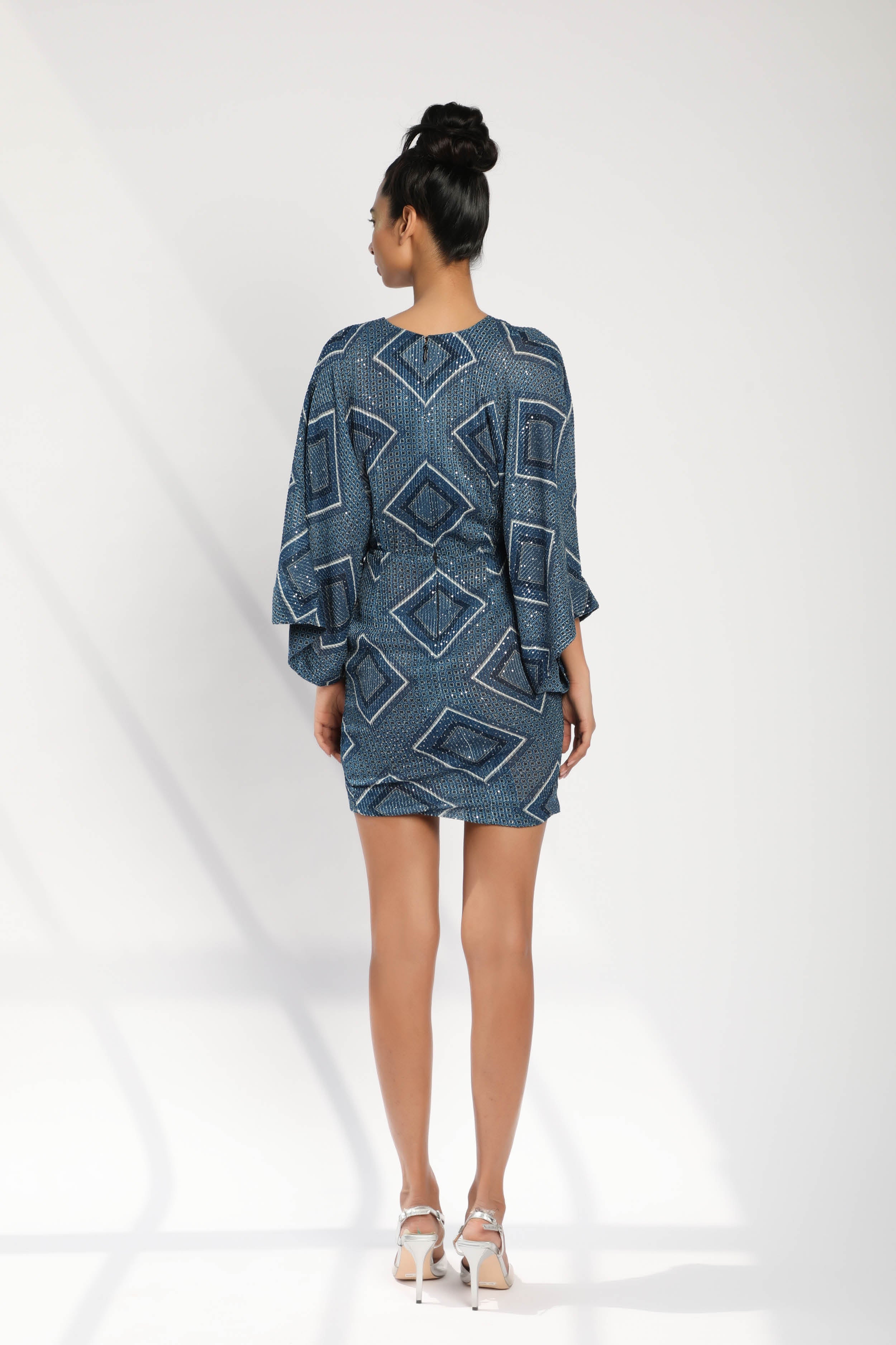 Indigo Blue Tile Print Draped Kimono Dress - Elegant Flowy Boho Maxi Dress for Women | Perfect for Beach Cover Up, Summer Vacation & Festival Outfits