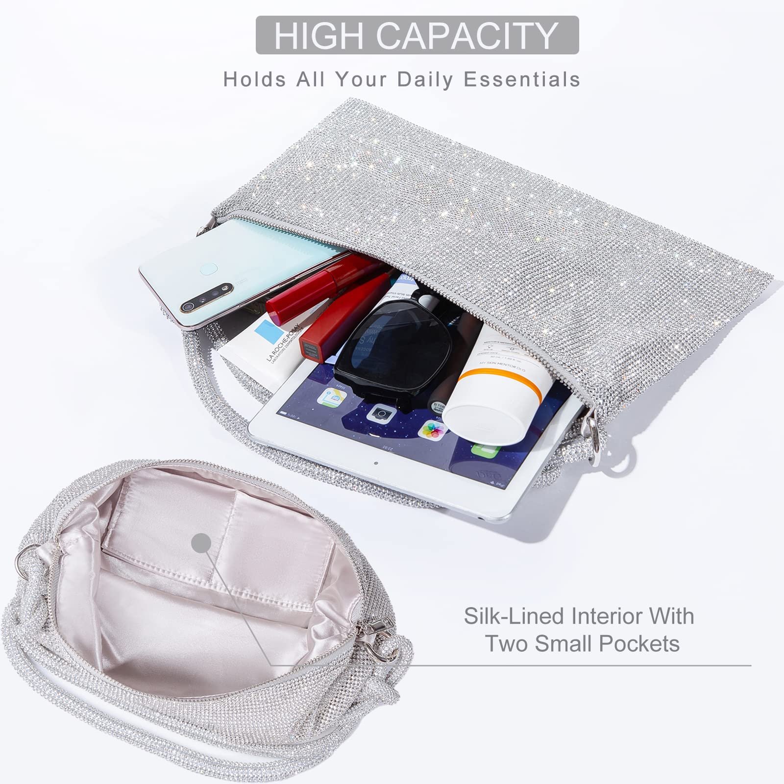Sparkly Rhinestone Purse for Women - Elegant Silver Diamond Evening Bag, Prom Clutch & Hobo Handbag | Perfect for Parties, Weddings & Special Occasions