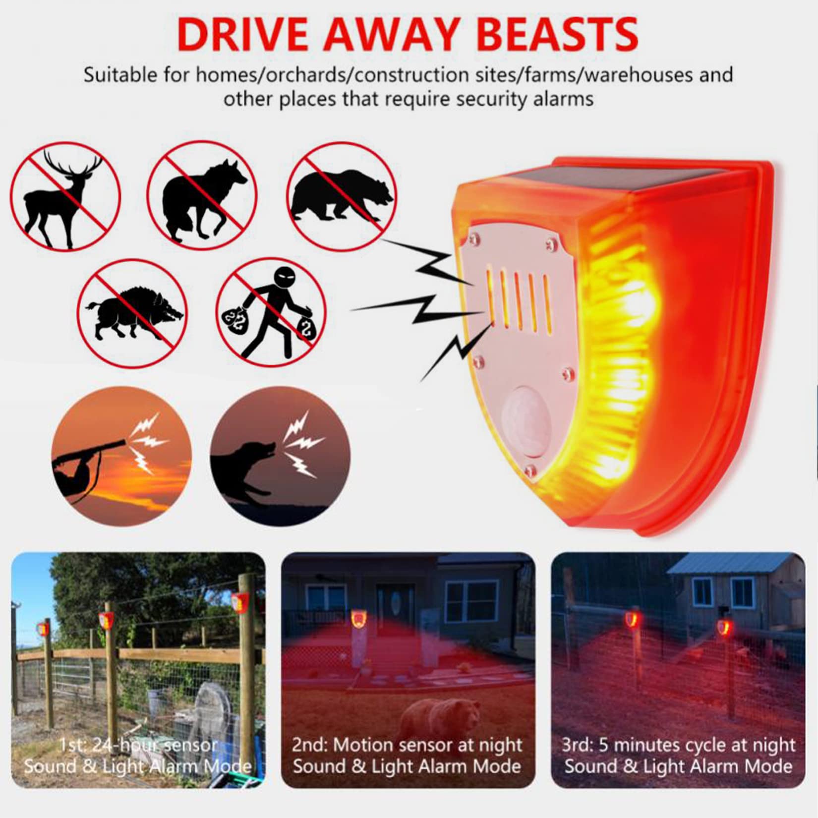 Keeda Solar Security Light Alarm - 129dB Loud Solar Strobe Light with Gunshot & Dog Barking Sounds, Waterproof PIR Motion Sensor LED for Farm, Barn, Yard (Red) - Perfect for Outdoor Home Security and Property Protection