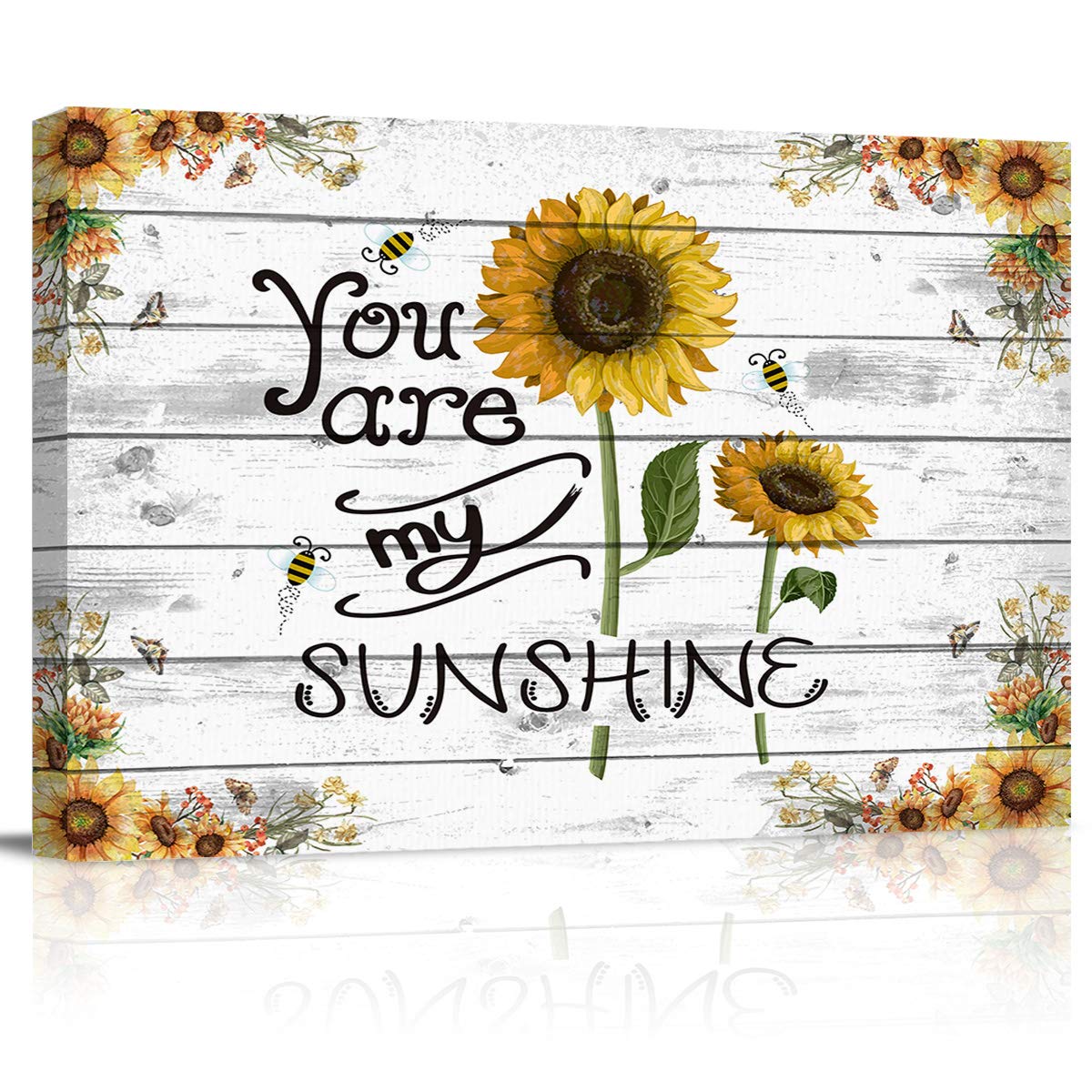 T&H XHome Sunflower Bee Bathroom Wall Art - 16x20 Rustic Wood Grain Canvas Oil Painting for Nursery, Office, Living Room & Bedroom Decor | Perfect for Farmhouse, Modern & Rustic Home Decor