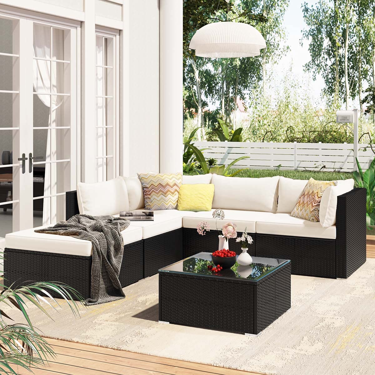 HYDL 6-Piece Outdoor Patio Furniture Set - PE Rattan Wicker Sectional Sofa with Thick Removable Cushions, Waterproof Garden Conversation Set for Backyard, Poolside & Balcony (Black Wicker, Beige Cushion)