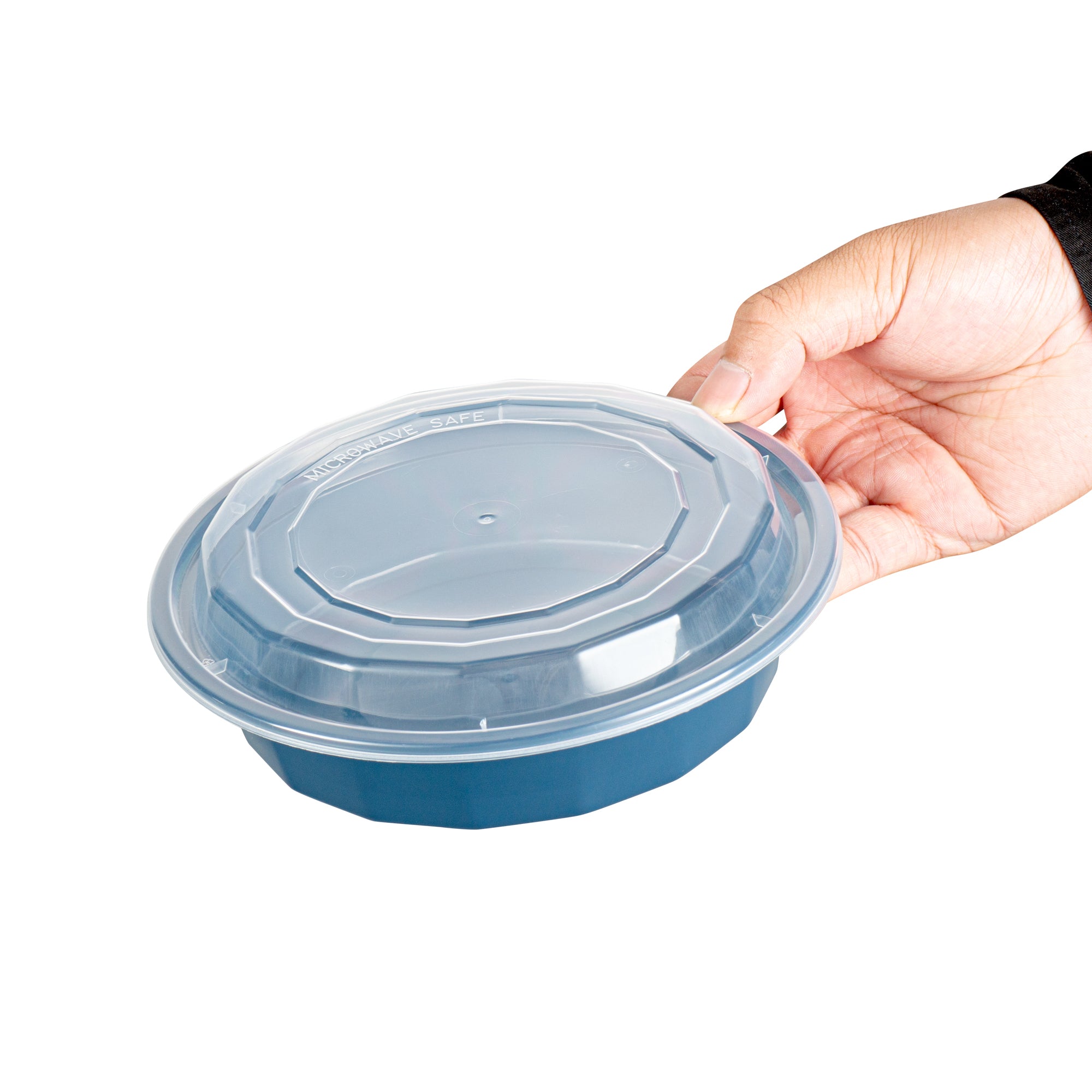 24 oz Round Midnight Blue Plastic Food Storage Containers with Clear Lids - Microwave Safe, 7.25