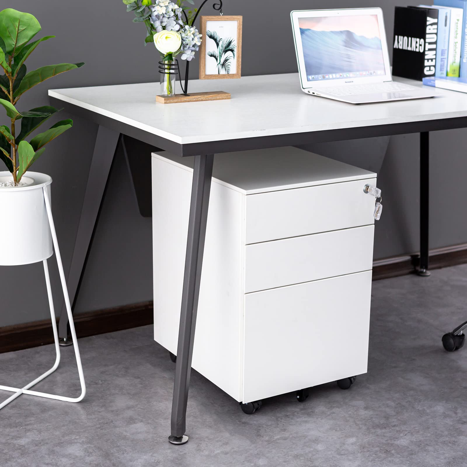 3-Drawer Metal File Cabinet with Lock & Wheels - Large Under Desk Storage for Office & Home - Fully Assembled White Filing Cabinet - Perfect for Organizing Documents, Files & Office Supplies