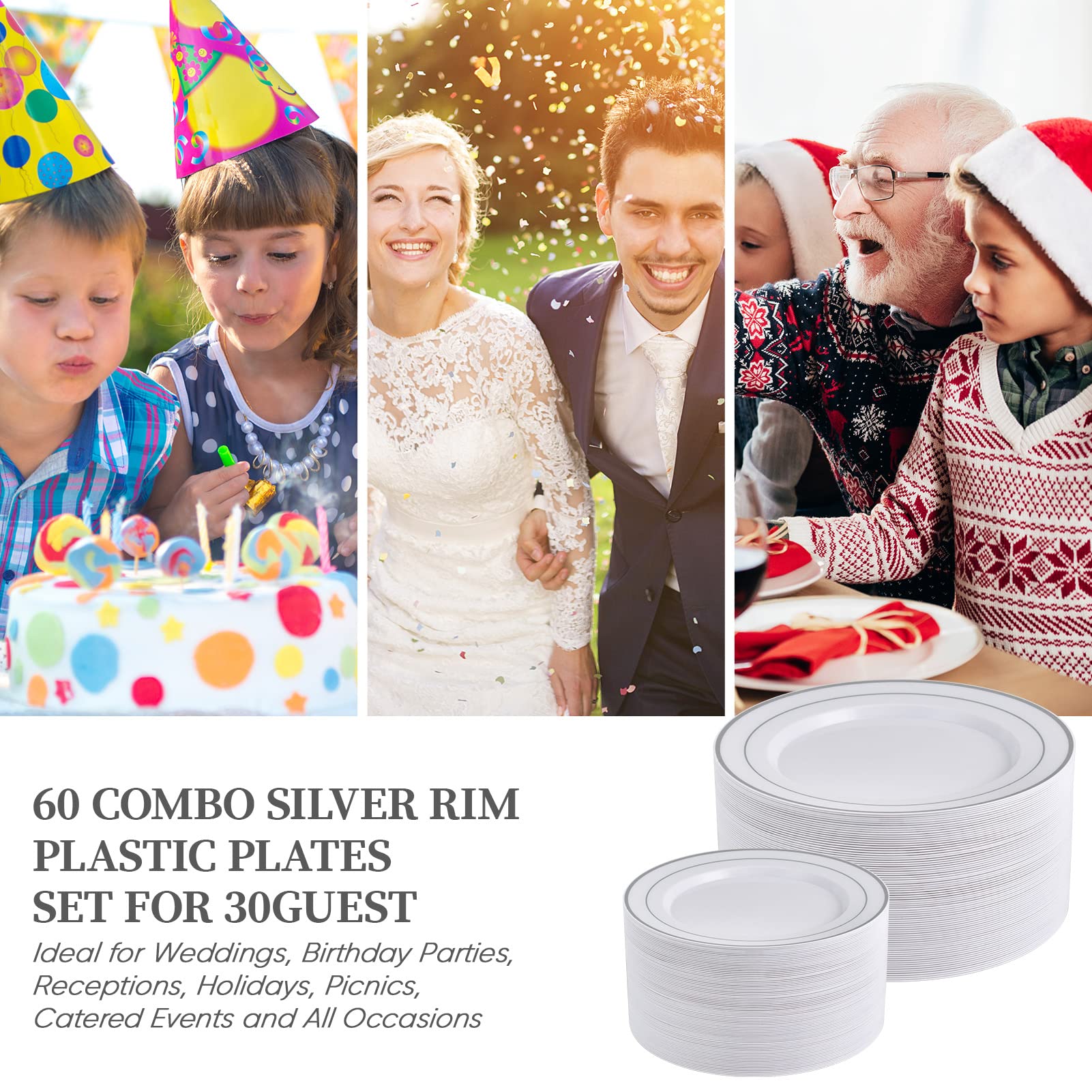FOCUSLINE 60-Pack Silver Plastic Plates Set - 30 Elegant 10