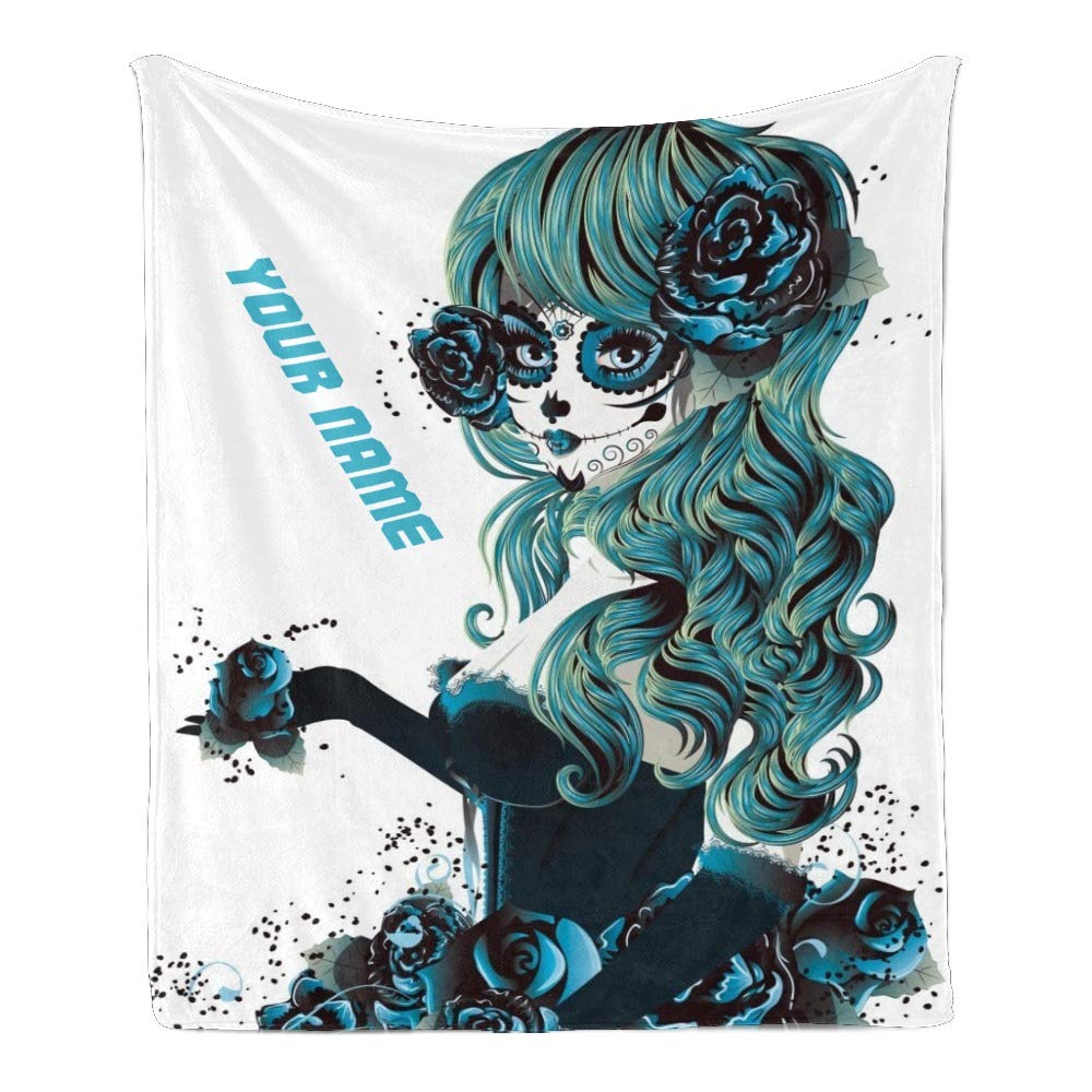 Personalized Vintage Sugar Skull Girl Fleece Throw Blanket - Custom Name Text - 50x60 Inch Super Soft Blanket for Couch, Sofa & Bed - Perfect for Gifts, Home Decor & Cozy Nights