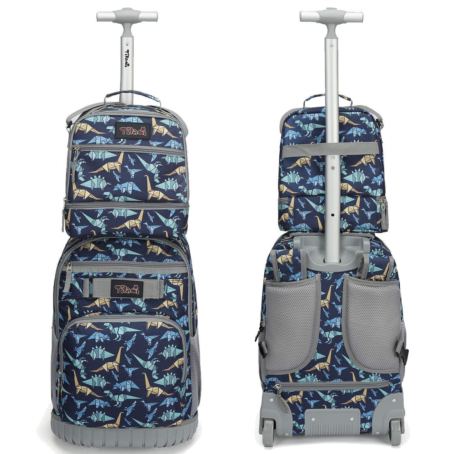 Tilami 19 Inch Rolling Backpack with Lunch Bag - Wheeled Laptop Backpack for School, Travel & Work - Dinosaur Print Design for Kids & Teens - Perfect for Commuting, Air Travel & Daily Use