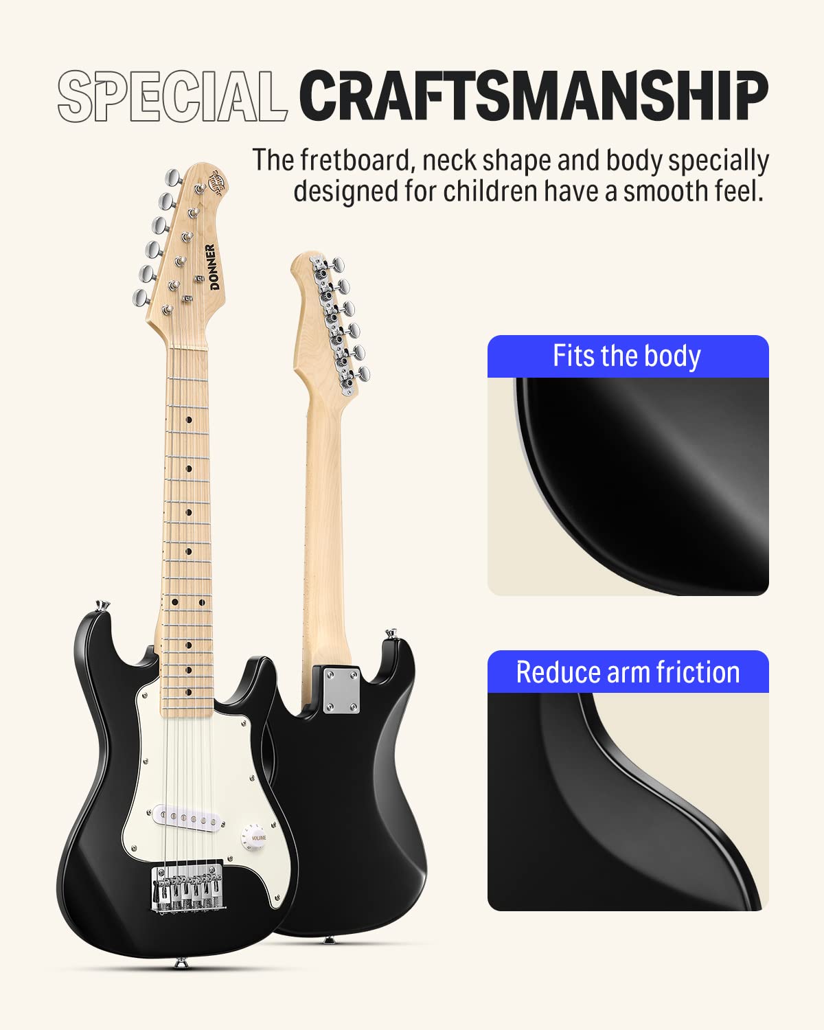 Donner 30 Inch Kids Electric Guitar Beginner Kit - ST Style Mini Electric Guitar for Boys & Girls with Amp, 600D Gig Bag, Tuner, Picks, Cable, Strap & Extra Strings (DSJ-100, Black) - Perfect for Home Practice, Music Lessons & Rockstar Performances
