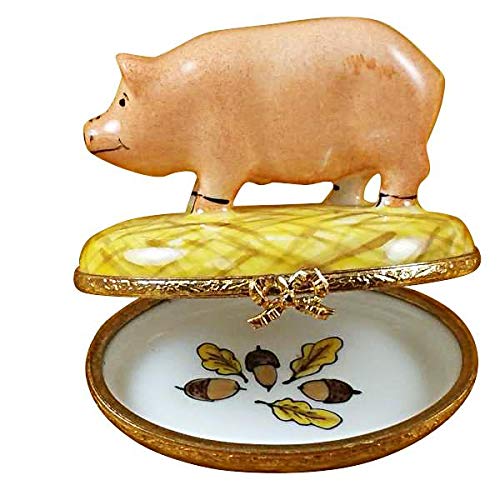 French Limoges Porcelain Pig on Straw Figurine Box - Hand-Painted Collectible Gift for Home Decor, Christmas, Birthday & Anniversary