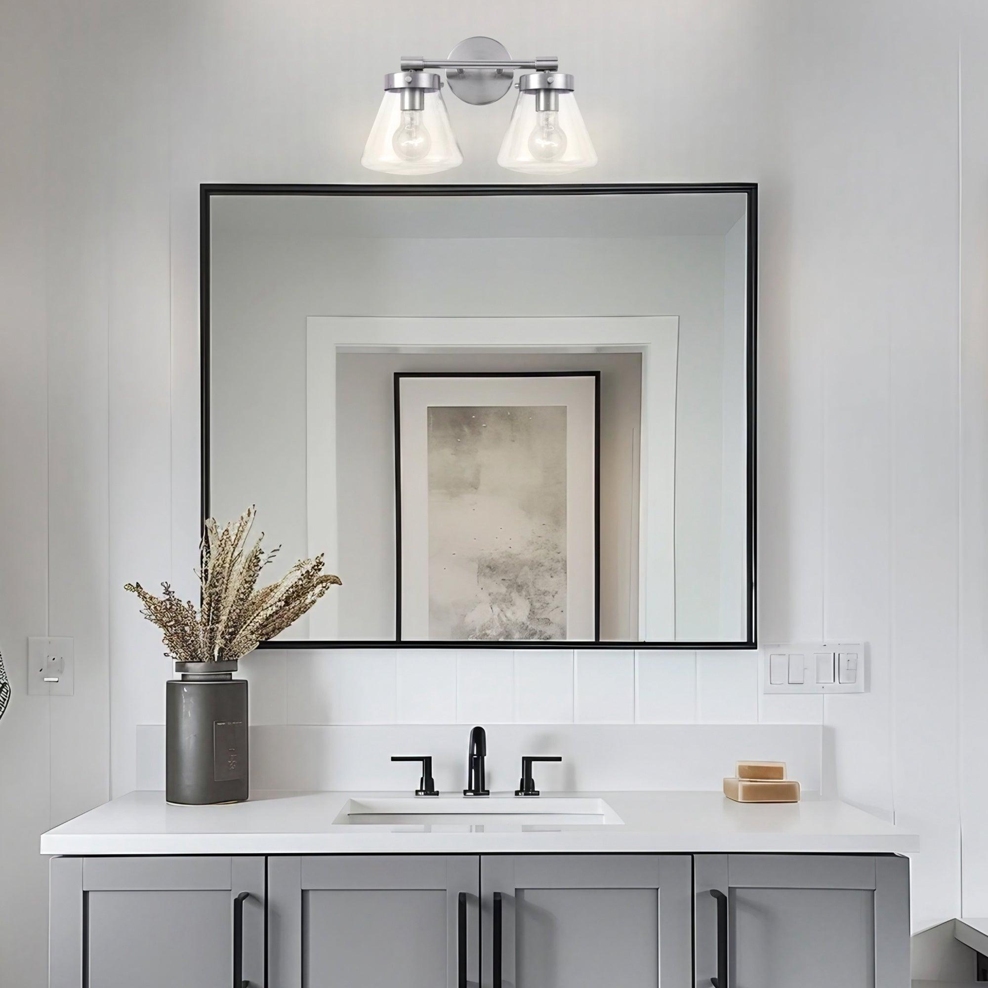 Gleam Modern Farmhouse 2-Light Vanity Light - Bathroom Wall Sconce for Mirror Lighting, Farmhouse Style Fixture with Clear Glass Shades, Perfect for Bedroom, Powder Room or Dressing Area