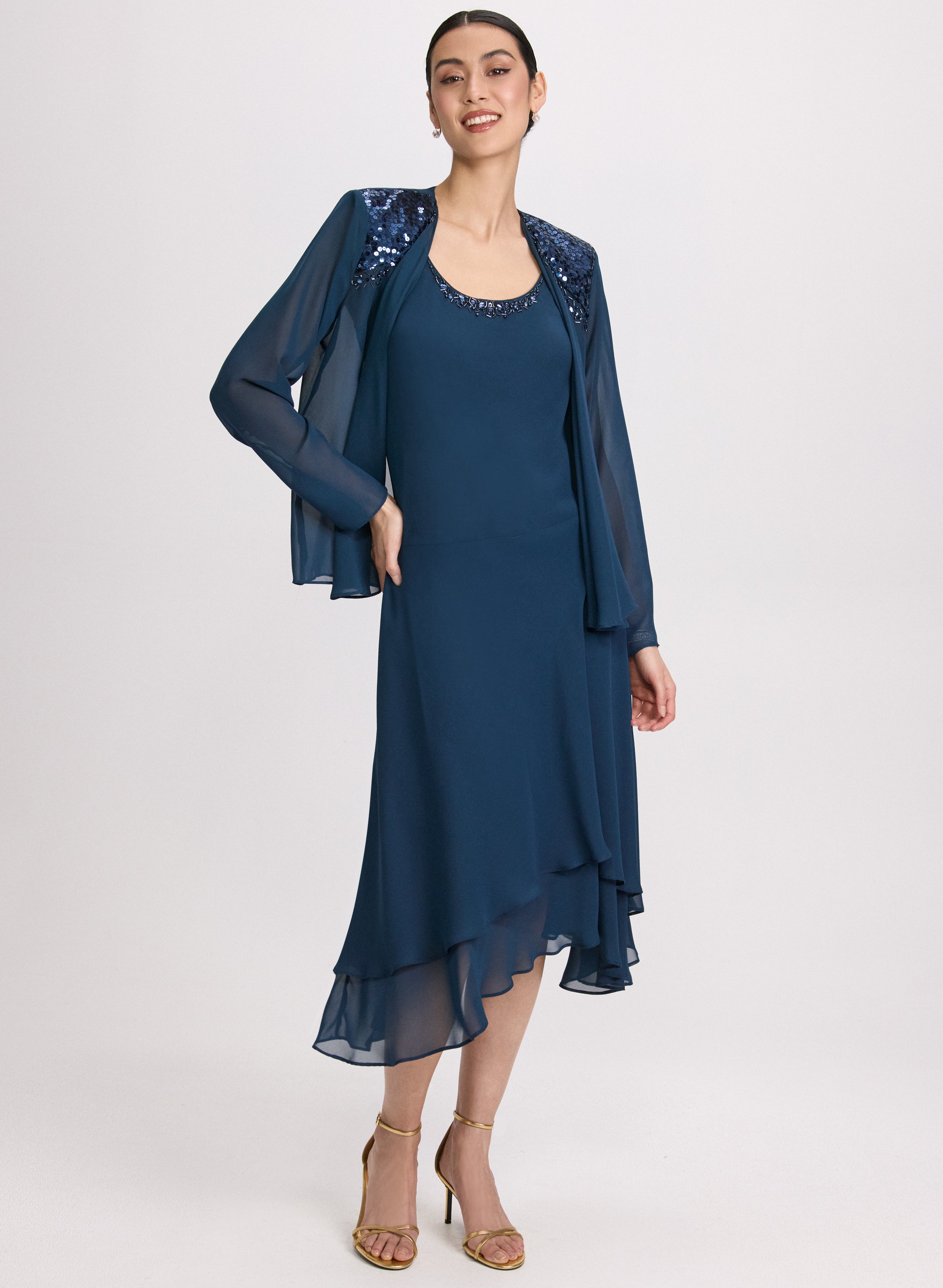 Elegant Chiffon Sequin Dress & Jacket Set for Women - Party Wear, Evening Gown, Prom Night & Special Occasions