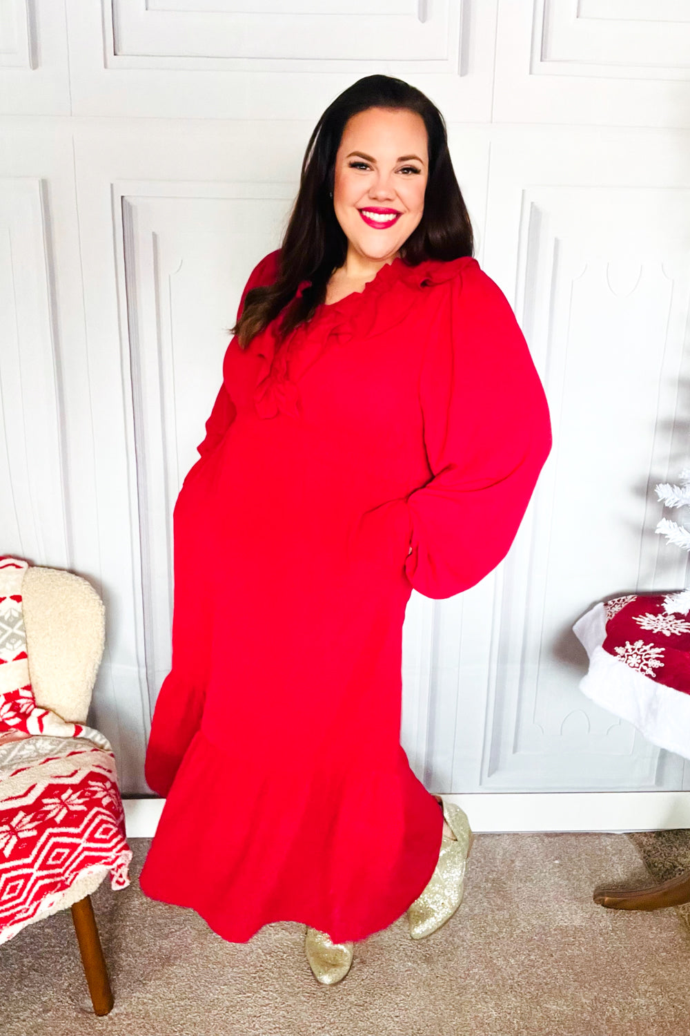 Elegant Holiday Red Overlap Ruffle V-Neck Midi Dress for Women | Christmas Party, Cocktail Event & Special Occasion Outfit
