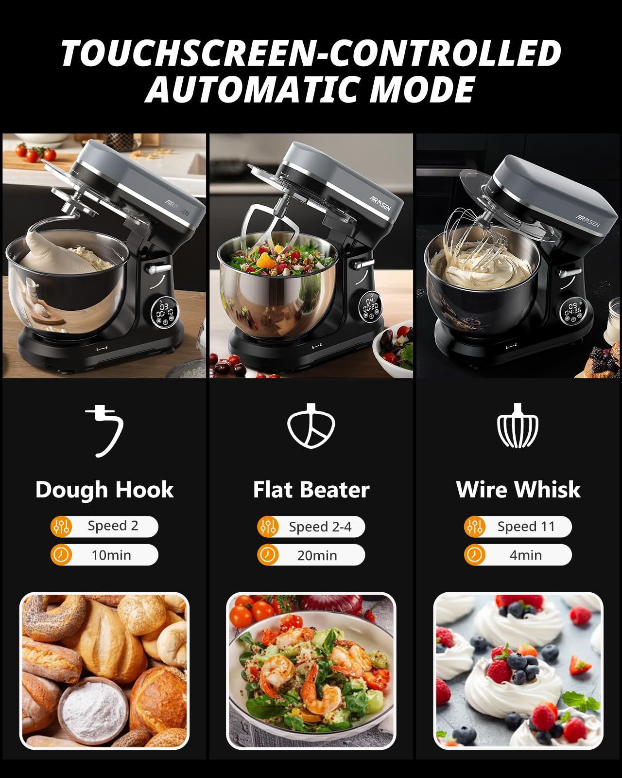 AIRMSEN 5.3QT Stand Mixer with LED Touchscreen & Timer - 11-Speed Tilt-Head Electric Dough Mixer with 3-in-1 Attachments - Perfect for Baking Bread, Cakes, Cookies & More - Ideal for Home Bakers & Professional Kitchens - Black and Gray