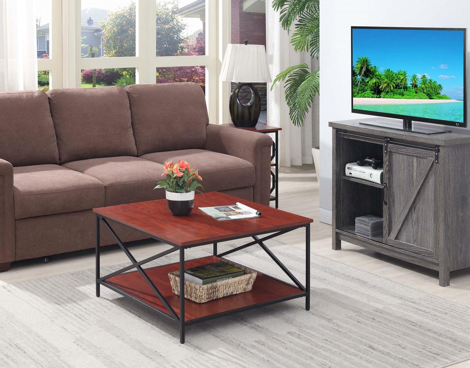 Convenience Concepts Tucson Metal Square Coffee Table - Cherry & Black Finish - Modern Living Room Furniture for Small Spaces & Apartments
