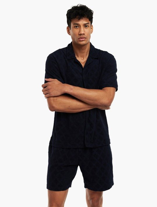 FRESCOBOL CARIOCA Roberto Terry Jacquard Shirt for Men - Stylish Navy Blue Beach Shirt with Treliça Design, Perfect for Summer Vacations, Pool Parties & Casual Outings