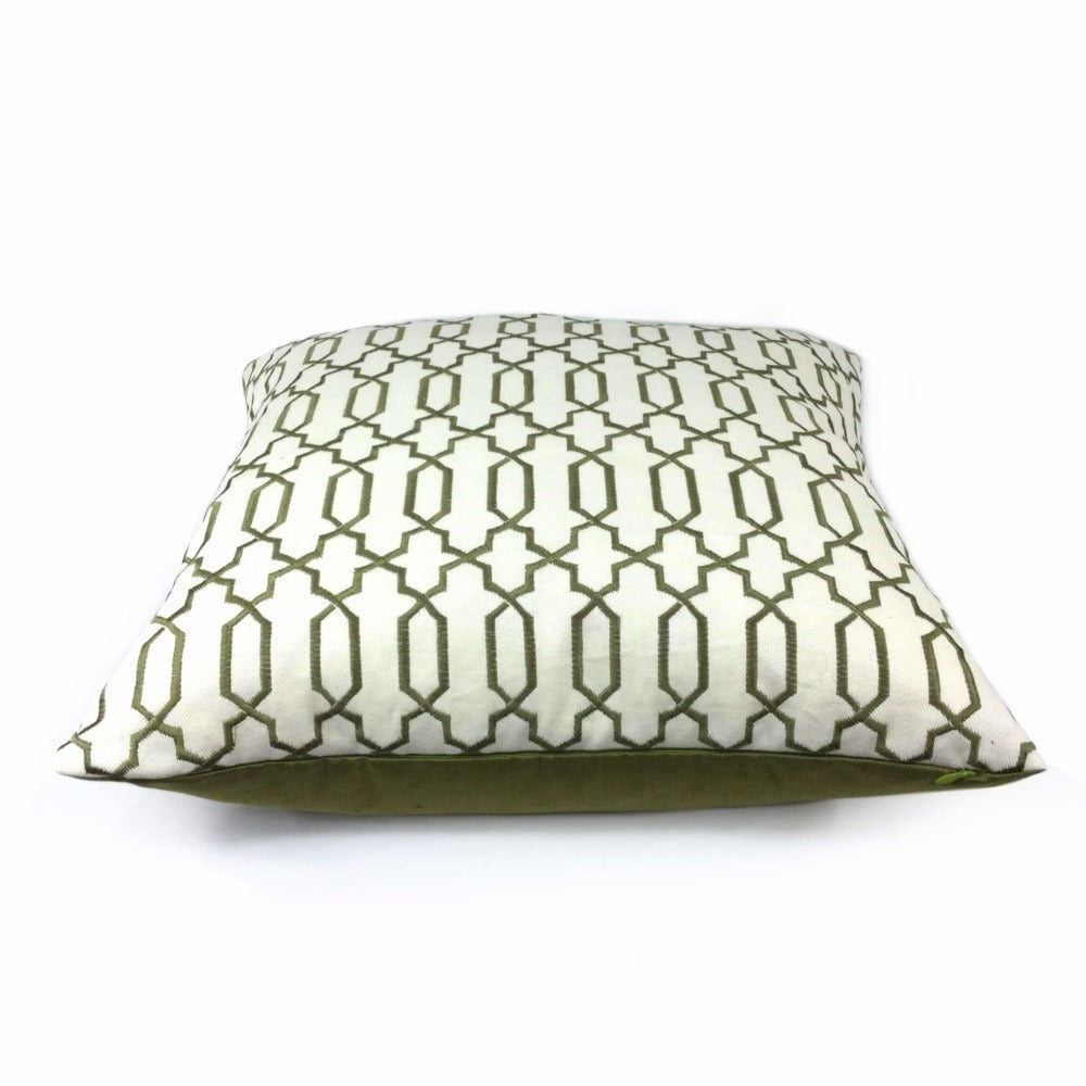 Elysa Green Olive & Cream Embroidered Geometric Fretwork Lattice Pillow Cover - Bohemian Home Decor for Living Room, Bedroom & Sofa