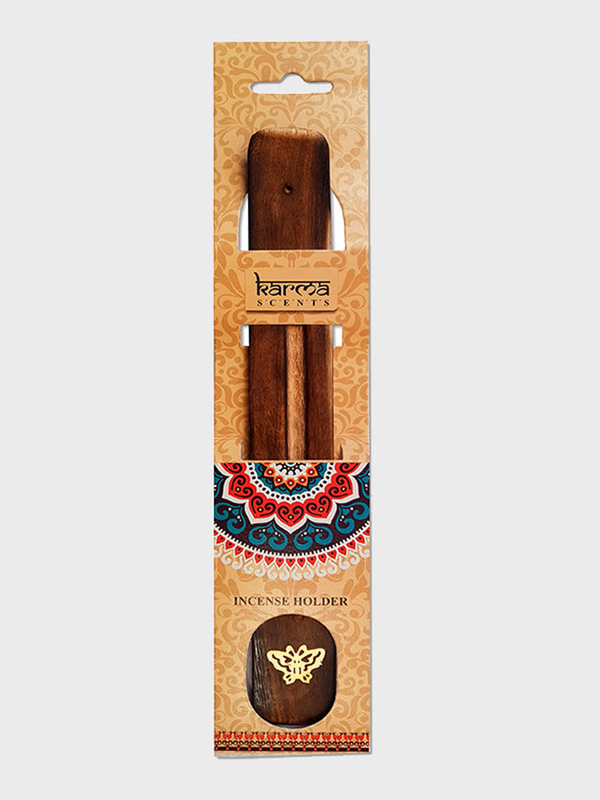 Namaste Karma Scents Brass Inlay Mango Wood Incense Ash Catcher Holder with Butterfly Design - Perfect for Meditation, Yoga & Home Decor