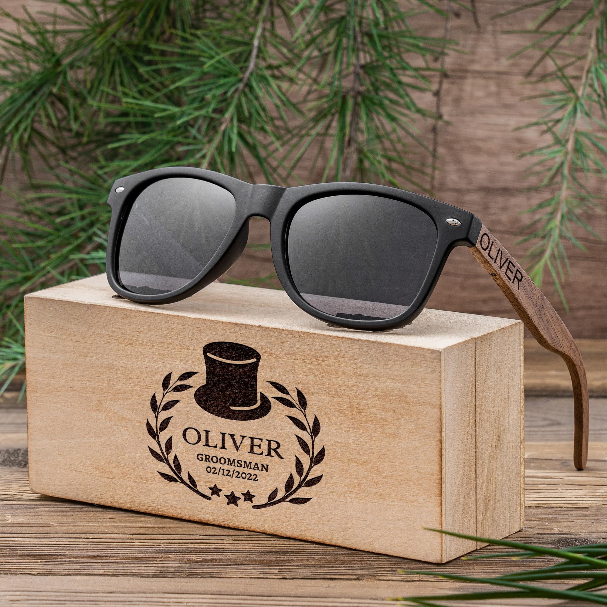 Handmade Walnut Wood Sunglasses for Men - Premium Groomsmen Gifts, Wedding Party Favors, Bachelorette & Valentine's Day Presents - Stylish Wooden Shades for Outdoor Events & Beach Weddings (Black)