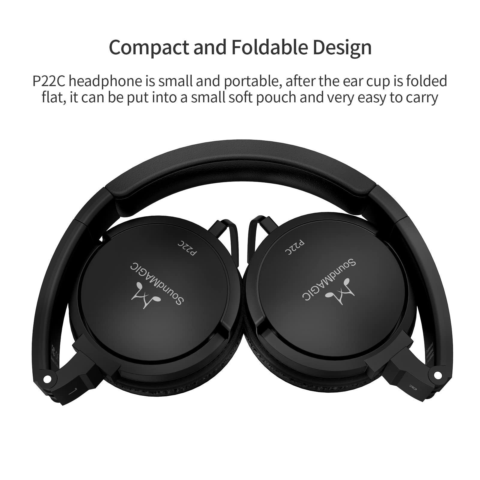 SoundMAGIC P22C Lightweight On-Ear Headphones with Microphone - Wired HiFi Stereo Headset, Noise Isolation, Foldable Design - Comfortable & Portable for Commuting, Travel, Office Work (Black)