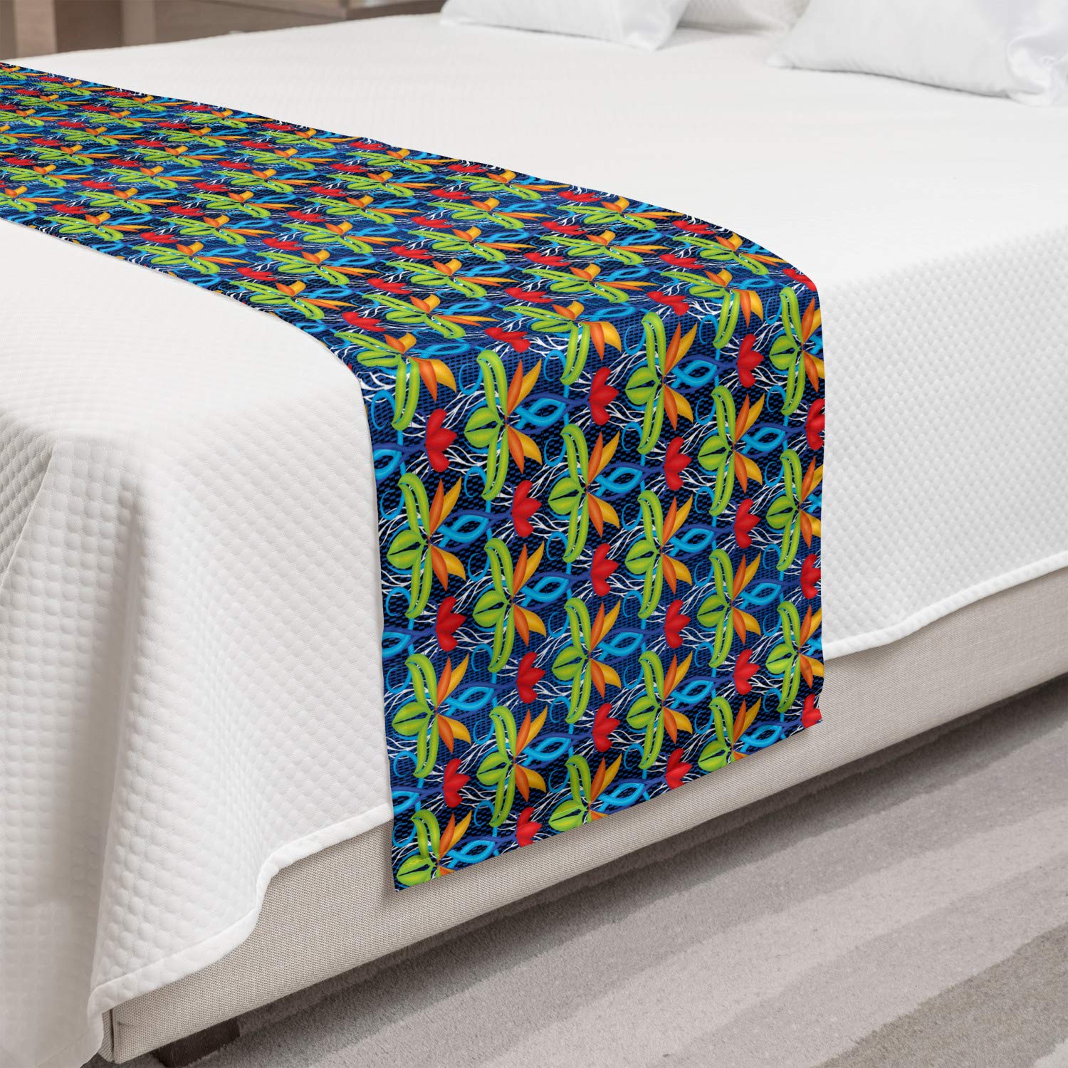 Ambesonne Floral Bed Runner - Queen Size Colorful Abstract Design with Red Tulips, Leaves & Swirls | Decorative Bed Scarf for Hotels, Homes & Guest Rooms | Perfect for Spring Decor, Wedding Accents & Bedroom Styling