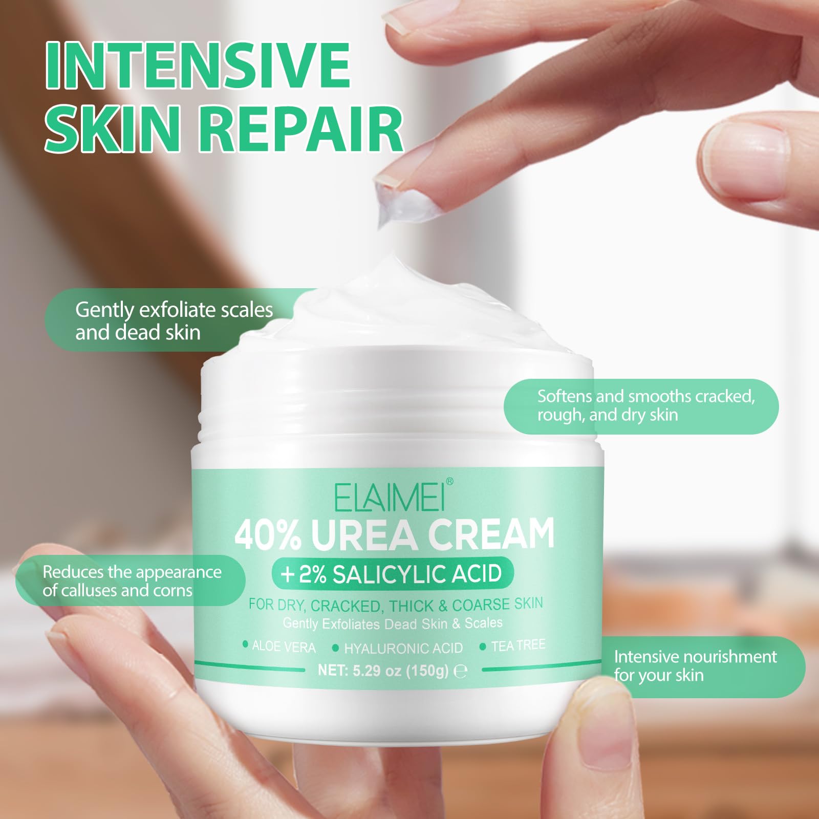 40% Urea Cream for Feet & Hands - Maximum Strength Foot Cream with 2% Salicylic Acid, Hyaluronic Acid, Tea Tree & Aloe Vera - 5.29 oz (150g) - Deep Moisturizing Treatment for Cracked Heels, Dry Skin & Calluses - Ideal for Daily Foot Care & Pedicures