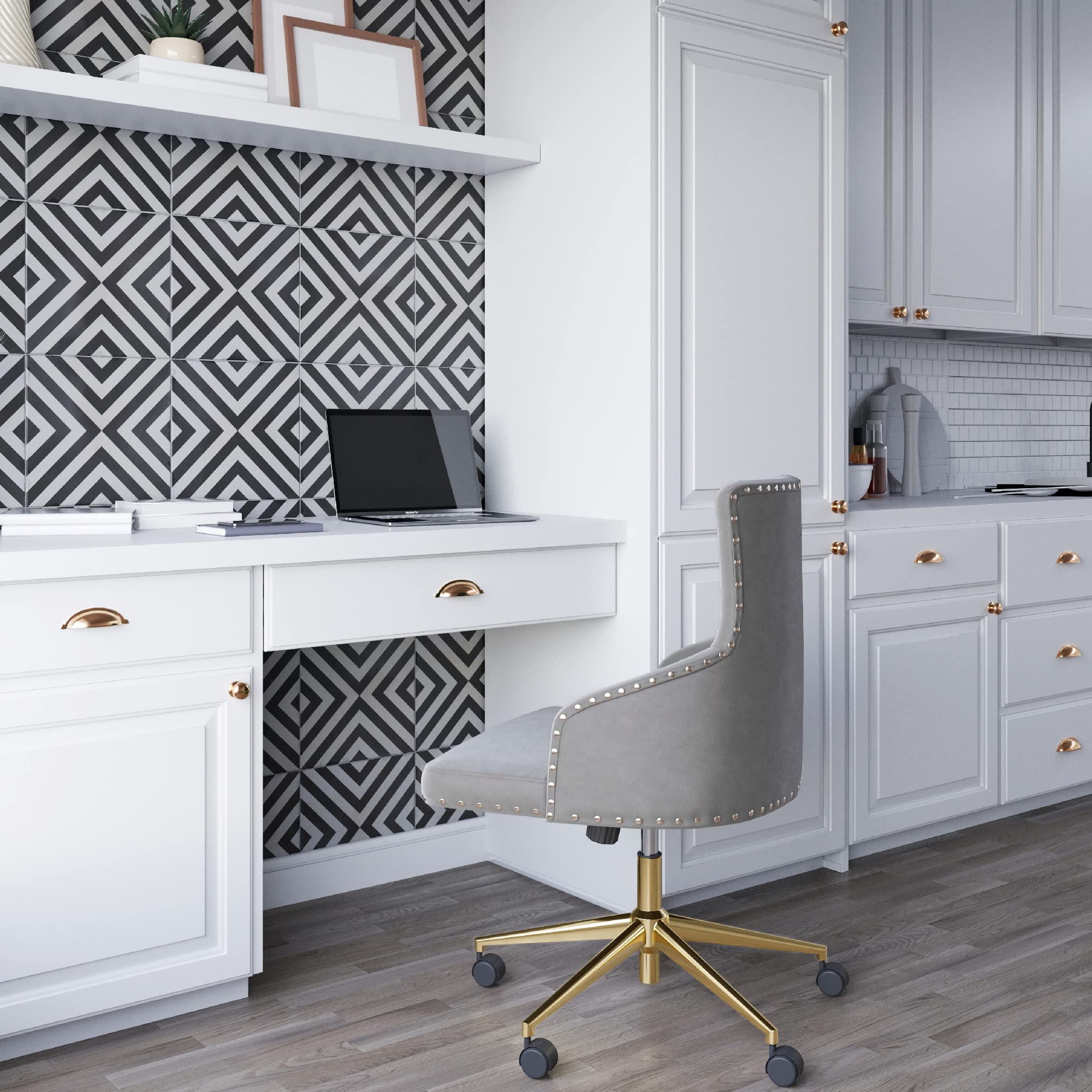 BELLEZE Modern Velvet Desk Chair - Adjustable Height Swivel Office Chair with Wheels, Tufted Upholstered Seat & Slim Arms for Home Office, Bedroom Vanity or Gaming Setup (Gray) - Ergonomic Computer Chair for Work & Study