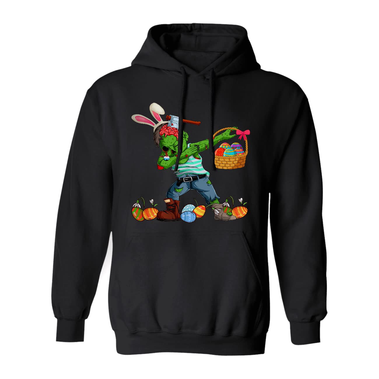 Funny Zombie Bunny Easter Hoodie - Dabbing Zombie with Easter Eggs Basket Graphic Sweatshirt - Unique Gift for Zombie Lovers - Perfect for Easter Parties & Cosplay
