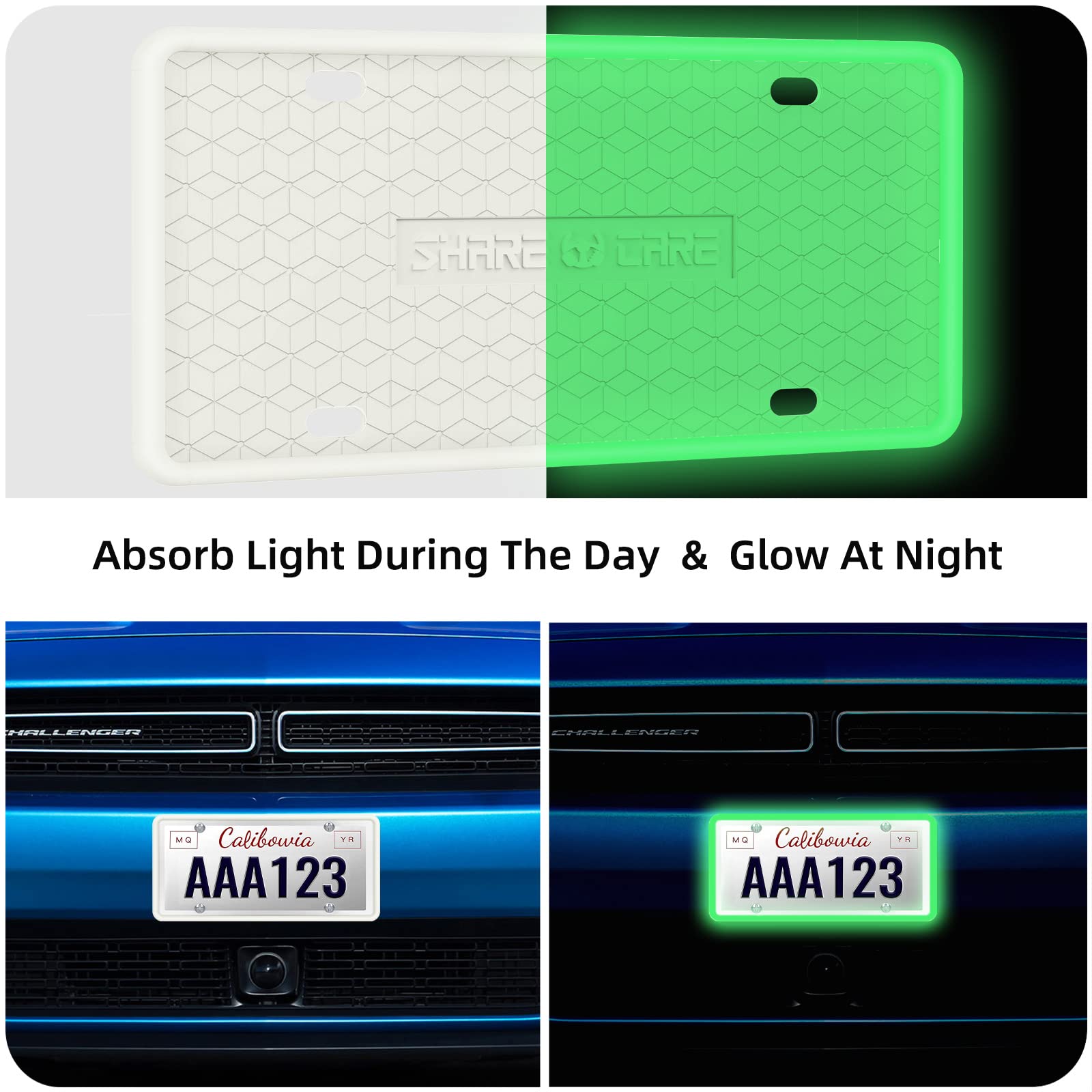 2 Pack Silicone License Plate Frame - Front & Back Rustproof Cover Holder for US/CA Cars - Anti-Rattle, Weatherproof - Includes 2 Bonus Water Coasters (White/Grow) - Perfect for Car Enthusiasts & Outdoor Protection
