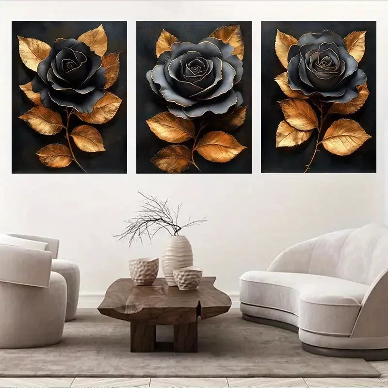 3-Piece Elegant Black & Gold Rose with Leaves Wall Art Set - 50x70cm Framed Canvas, High-Quality Print, 100% Australian Made - Perfect for Living Room, Bedroom & Office Decor