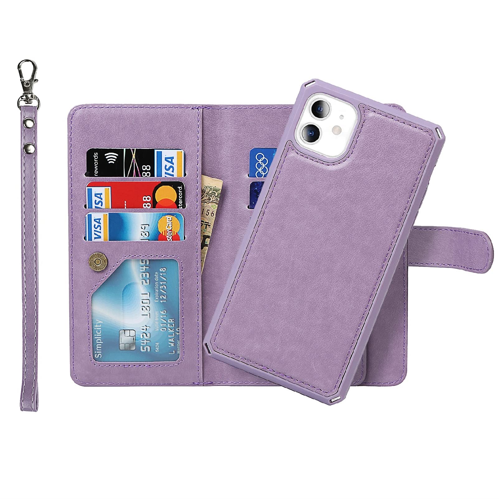 Premium Jaorty Magnetic Wallet Case for iPhone 11 - Detachable 2-in-1 Luxury Leather Cover with 6 Card Slots, Wrist Strap & Stand Feature | Shockproof Slim Design (6.1 Inch, Purple) | Perfect for Everyday Use, Travel & Hands-Free Viewing